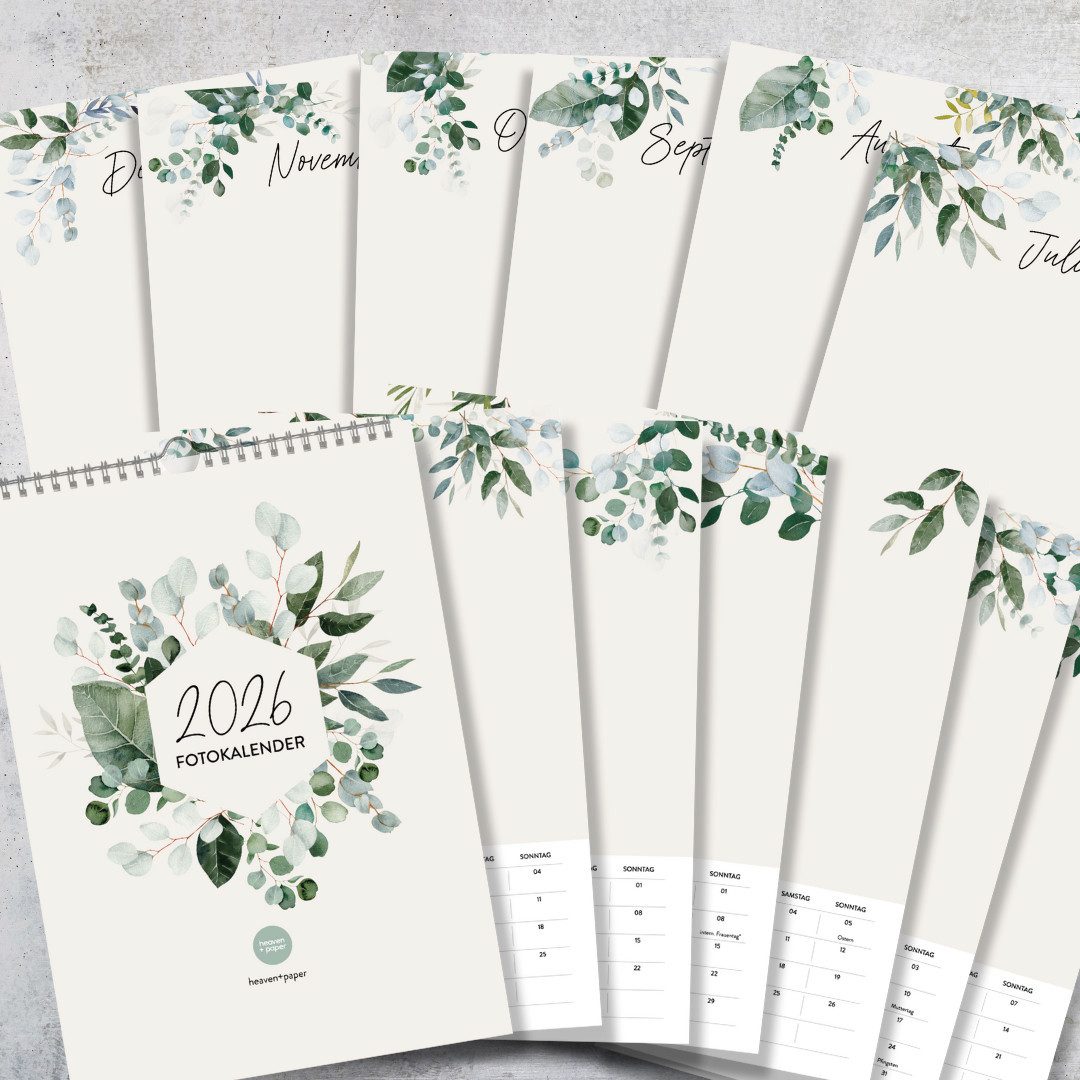 heaven+paper Familienkalender Fotokalender DIN A4 Green 2026, mit Feiertagen, Wandkalender, Hergestellt in Deutschland