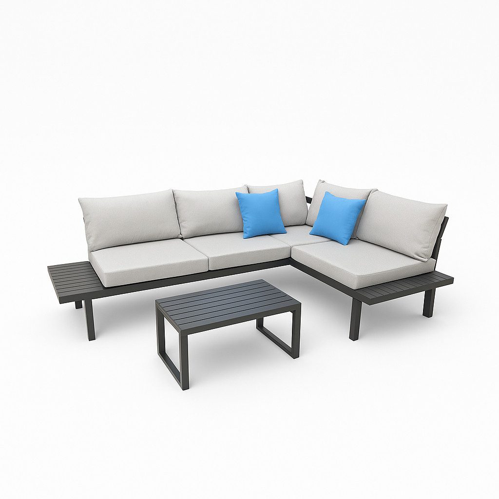 Greemotion Gartenlounge-Set [Lounge-Set Samoa] Loungemöbel Outdoor Sofa inkl. Auflagen, (1x Lounge Set Garten 4-Sitzer, 1x Lounge, 1x Tisch + Auflagen), Farbe Schwarz/Grau