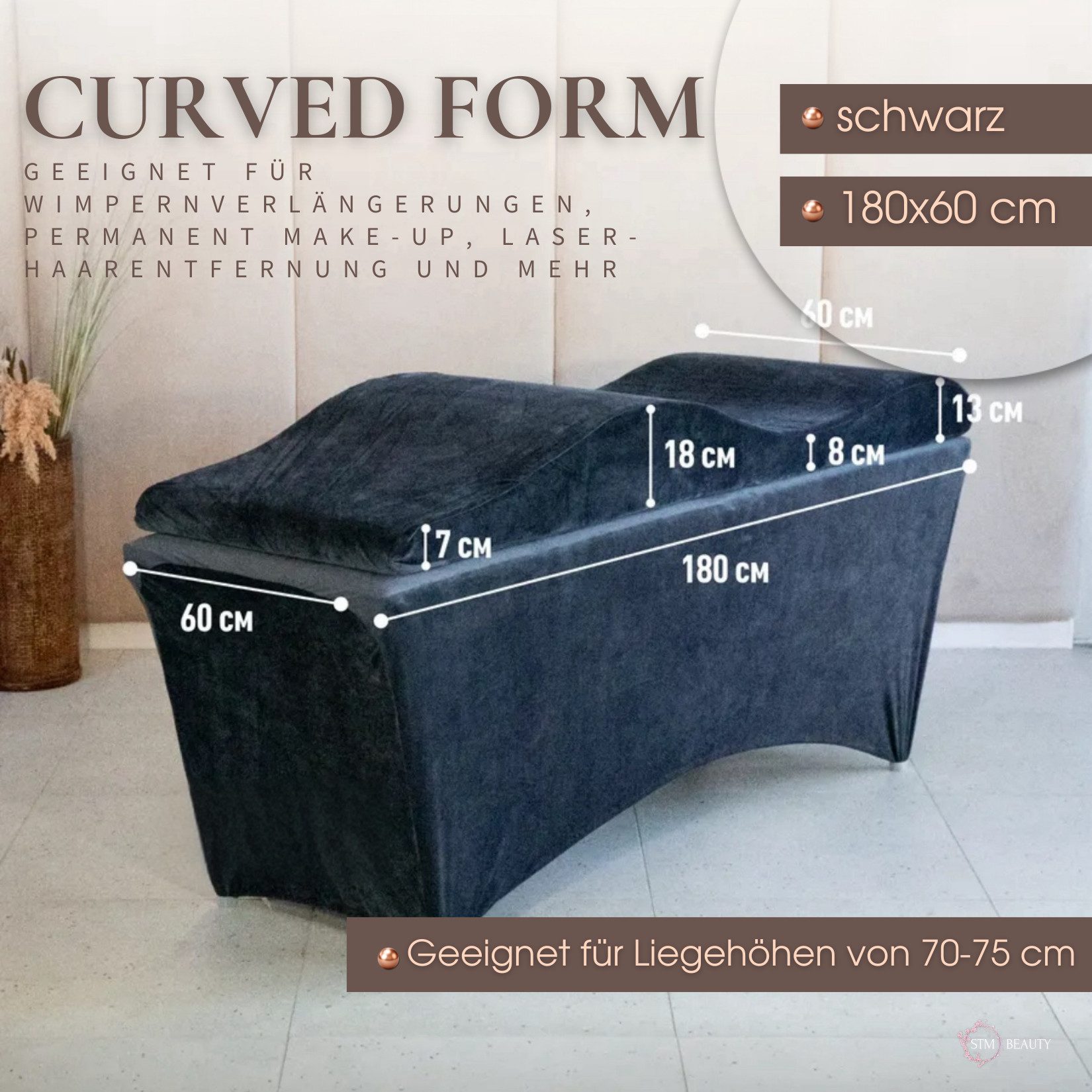 STM Company Massageliege Wave Matratze (Curved topper) mit Memory Foam, Liegenbezug, Set (180x60 / 190x70 cm, für Wimpernverlängerungen, PMU), für Kosmetikliege, Behandlungsliege, Wimpermstudio