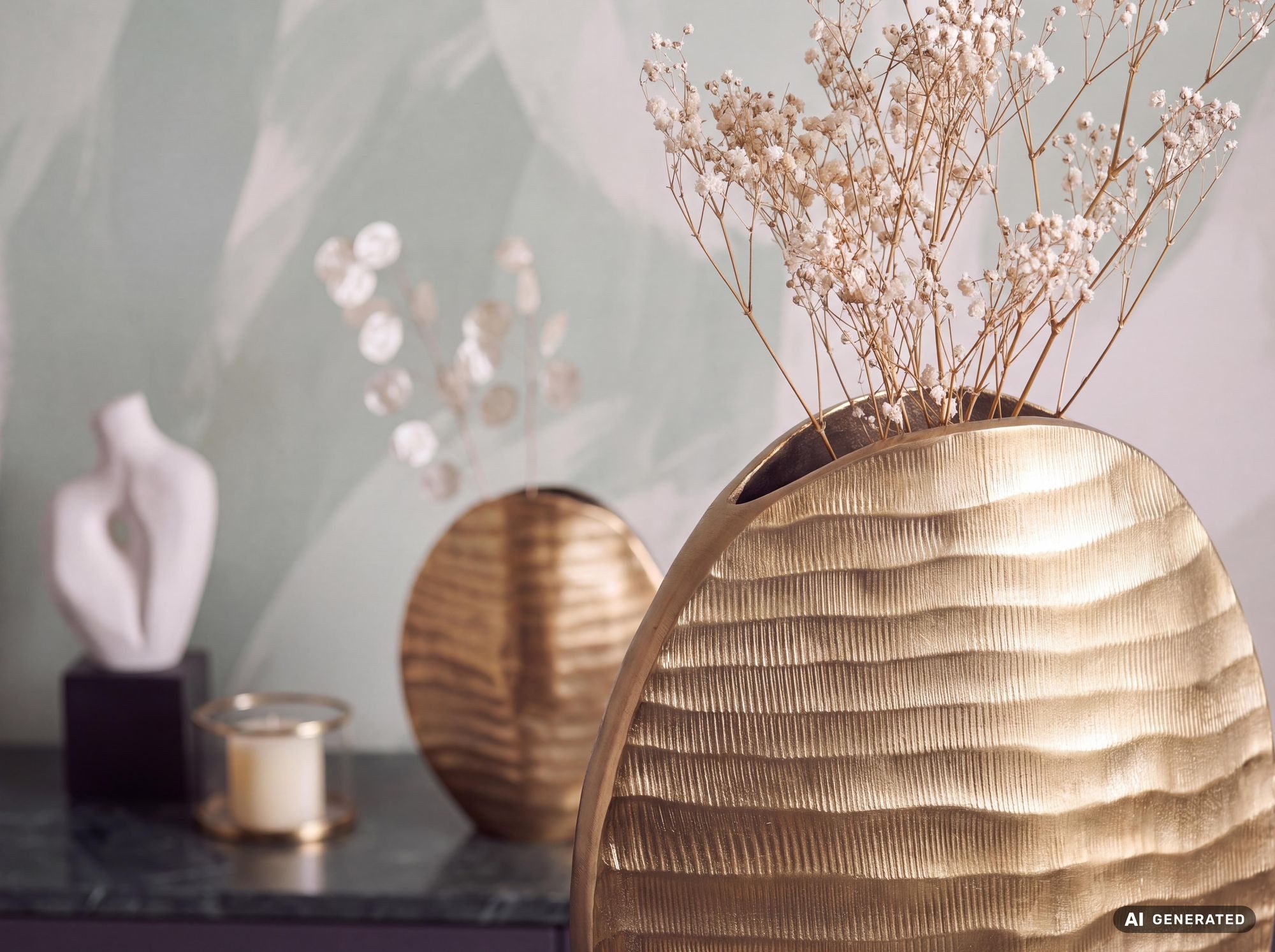 FINEBUY Tischvase FB65112 Vase 2er Set Blumenvase Aluminium Dekovase Rund Wellenmuster (Vase 2er Set Aluminium Gold Modern Wellenmuster), Blumenvase 2-teilig, D – Bild 5 von 5