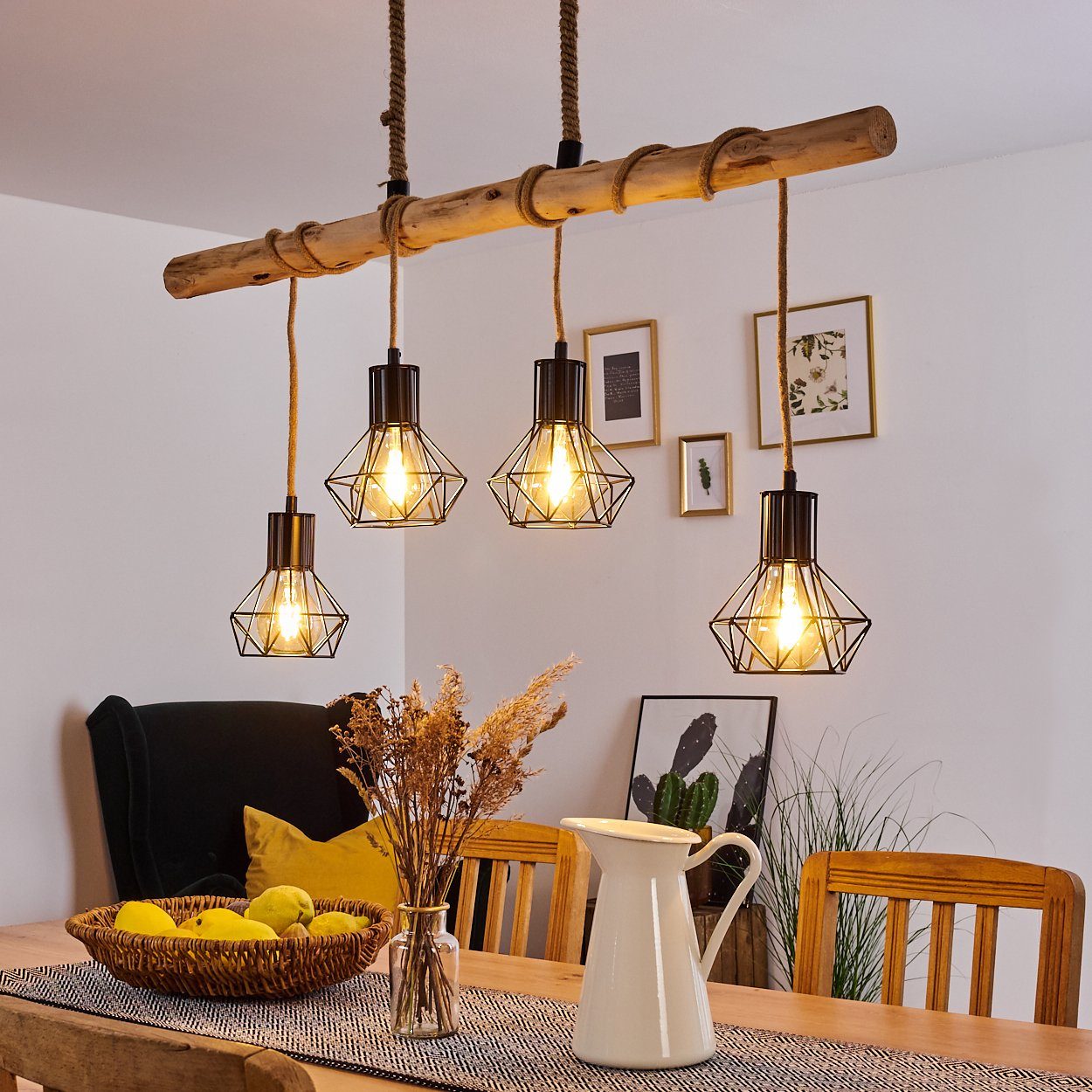 hofstein Pendelleuchte »Pomari« Hängelampe aus Metall/Holz/Kordel in Schwarz/Natur, ohne Leuchtmittel, 4xE27, mit Holzbalken im Retro/Vintage-Design, Höhe max.  – Bild 5 von 5