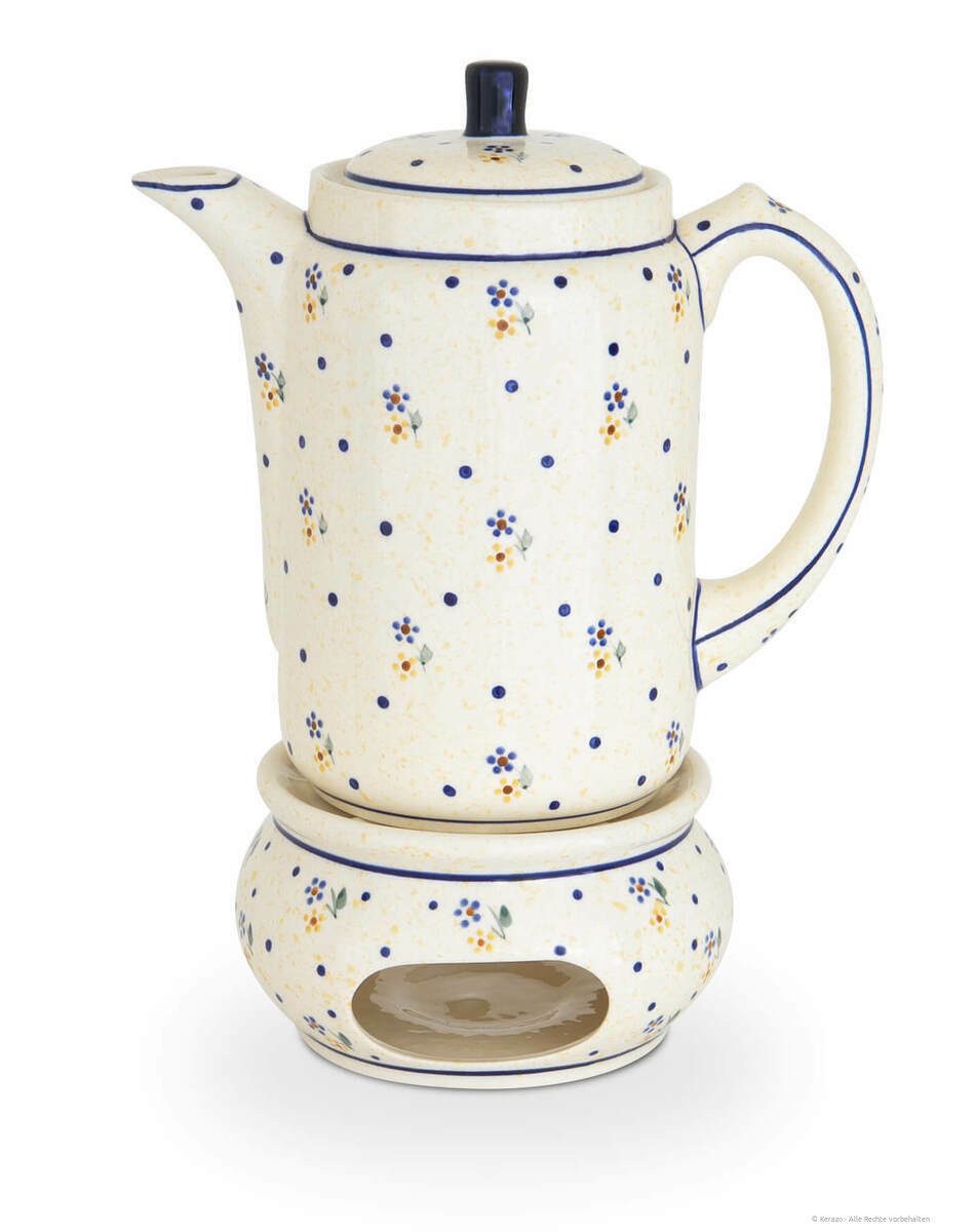 Bunzlauer Keramik Teekanne 1,25L Kaffeekanne mit Stövchen –geradlinig,zylindrische Form,Dekor 111, 1,25 l