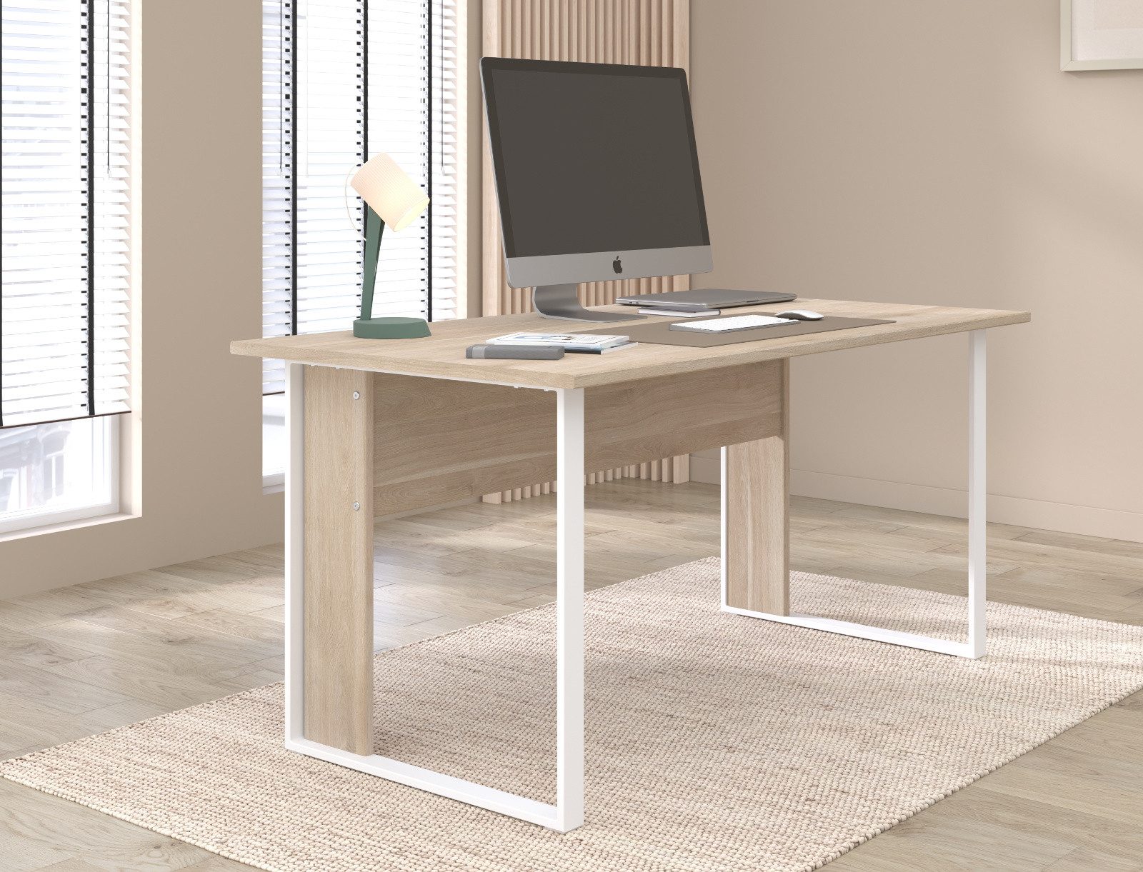 Parisot Schreibtisch Remote (Laptoptisch in Eiche mit Weiß, 150 x 80 cm), auf Metallgestell, bis 65 Kg belastbar