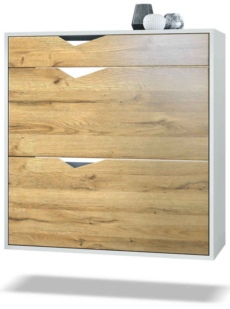 Vladon Schuhschrank Kolmio (Schuhkipper, für 16 Paar Schuhe mit 2 Klappen und Schublade) Weiß matt/Eiche Natur (85 x 87 x 33 cm)