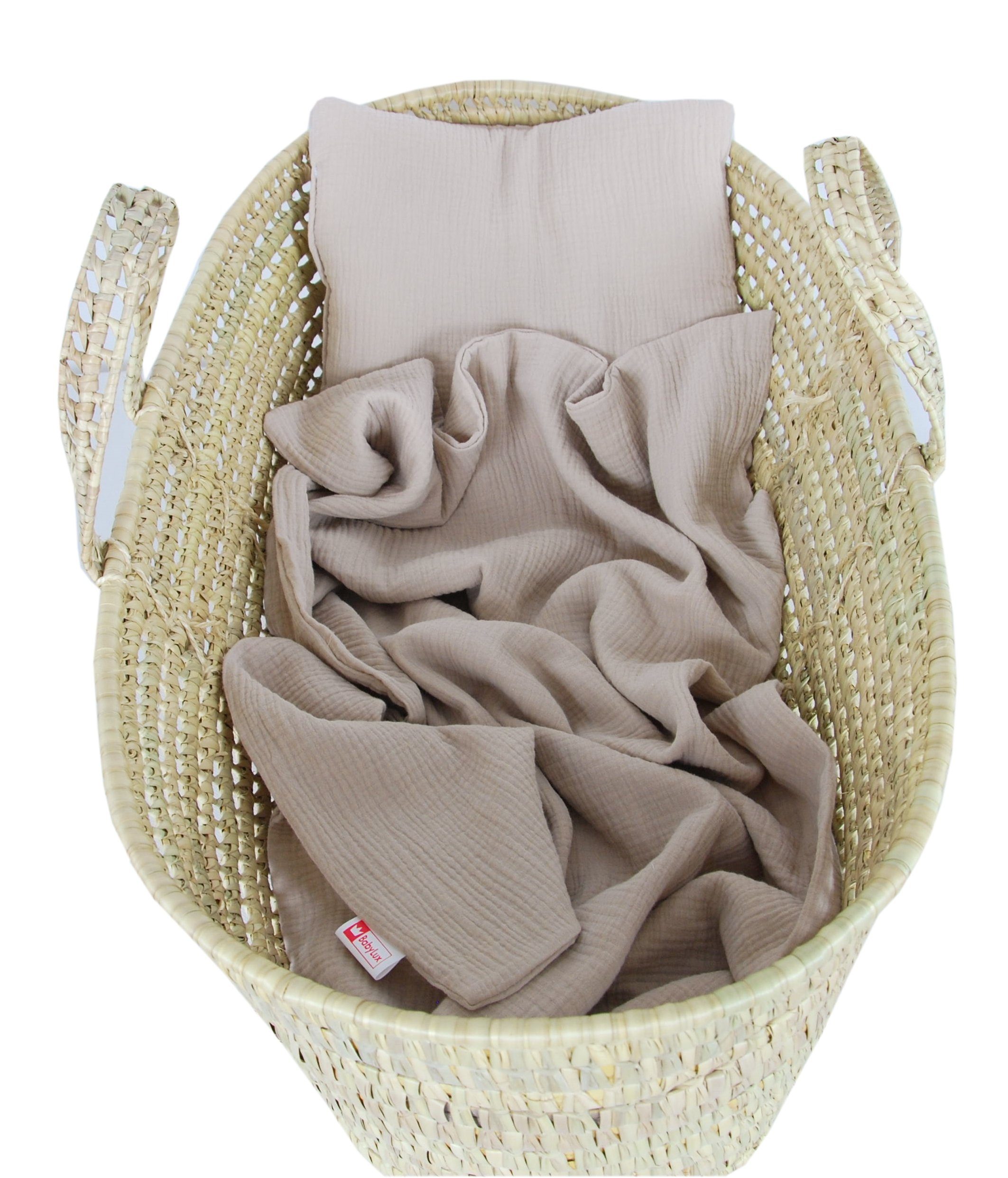 KM3 Musselin Babybett, Decke - Wiege 75x100cm Babydecke BabyLux, +Kissen Beige BabyLux für Kinderwagen