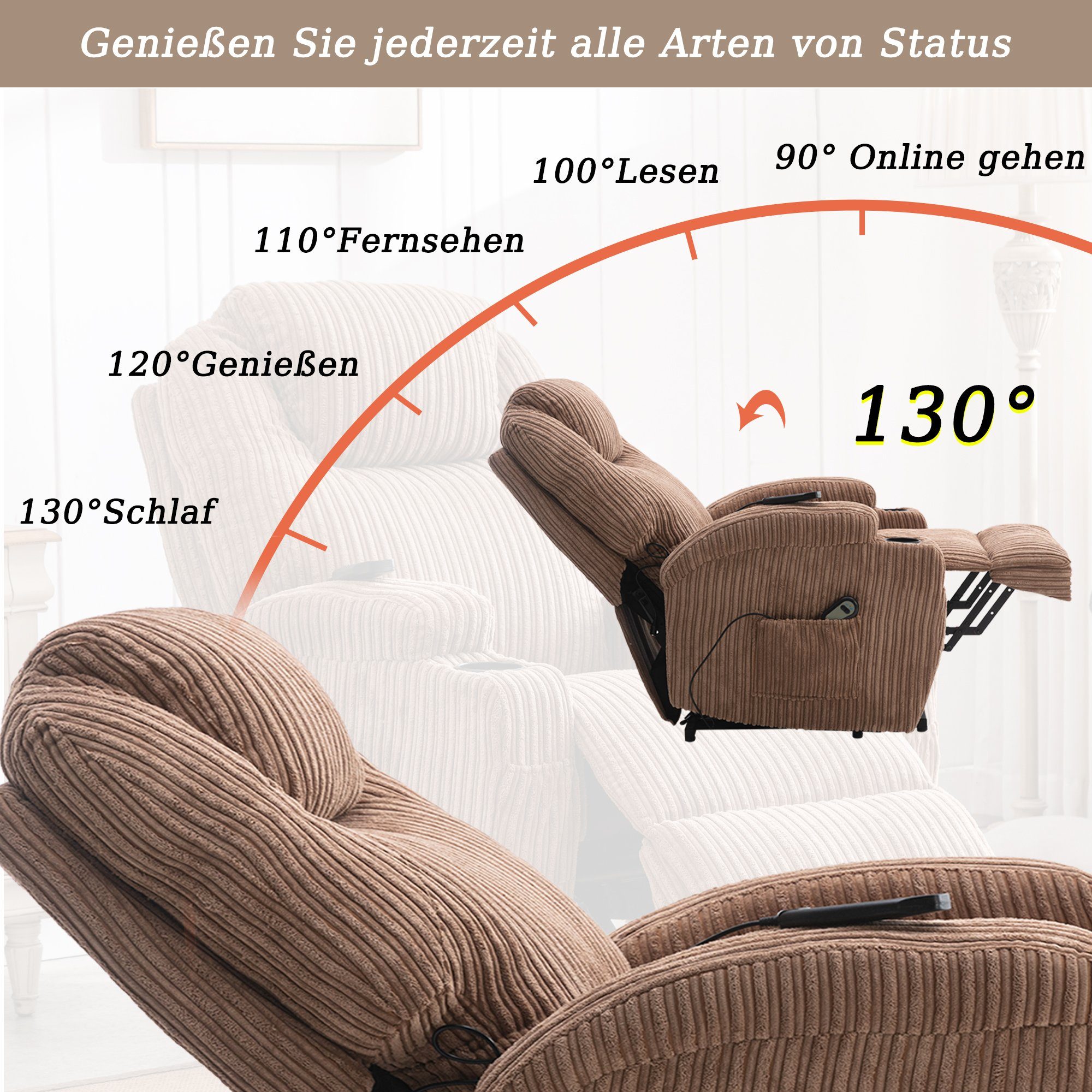 TV-Sessel (Liegefunktion, Wärmefunktion und Vibrationsmassage), Fernsehsessel mit Aufstehhilfe, bis zu 130 kg belastbar