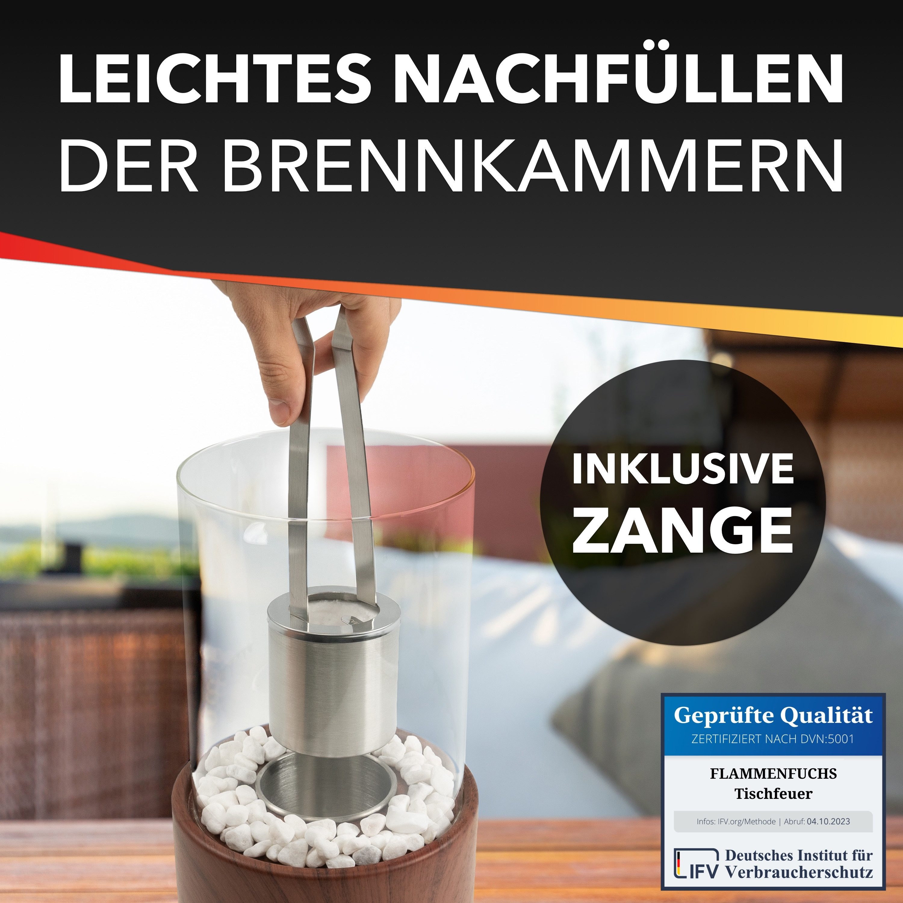 Flammenfuchs Tischfeuer in edler Holzoptik, Bio-Ethanol Tischkamin, Verstellbare Flammengröße, Ersatzbrenner für unendliche Brenndauer