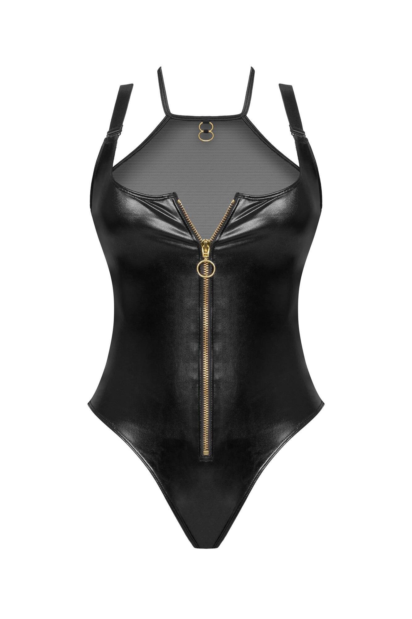 Beauty Night Fashion Body Wetlook-Body Roxana schwarz Kunstleder Tüll