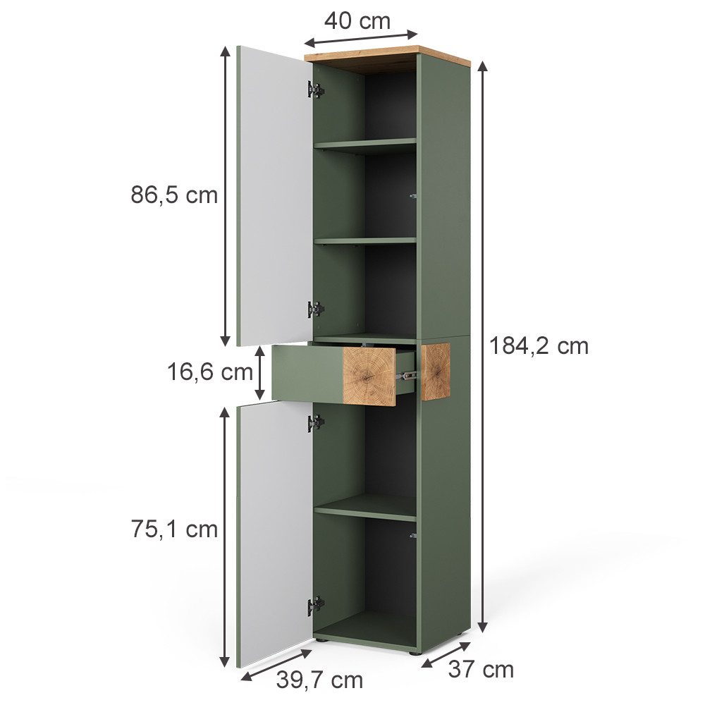 Vicco Hochschrank Eden, Grün/Artisan, 40 x 184.2 cm mit 2 Türen & 1 Schublade (1-St)