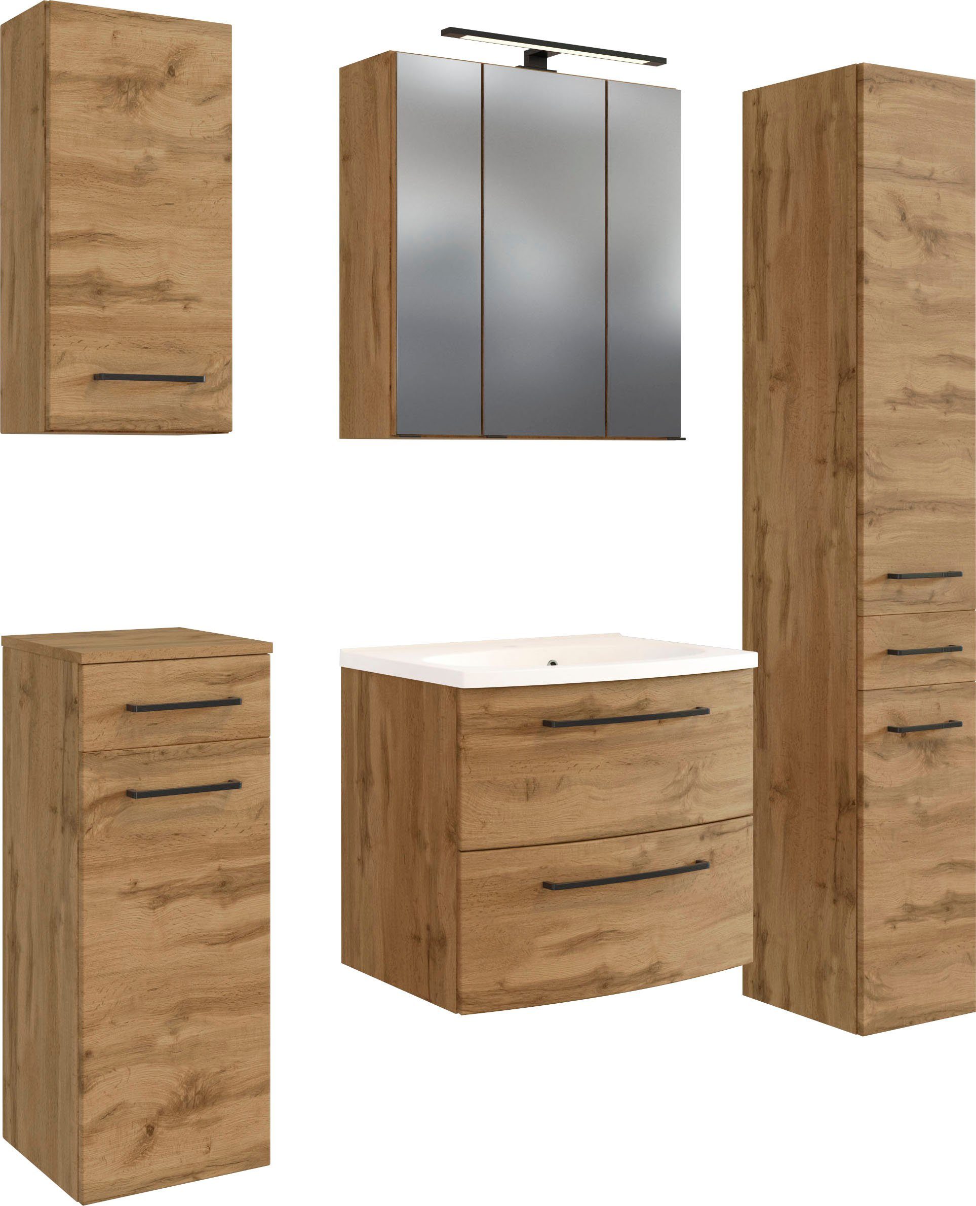 welltime Badmöbel-Set Chicago, (5-St., Spiegelschrank, Waschtisch, Hängeschrank, Unterschrank, Seitenschrank)