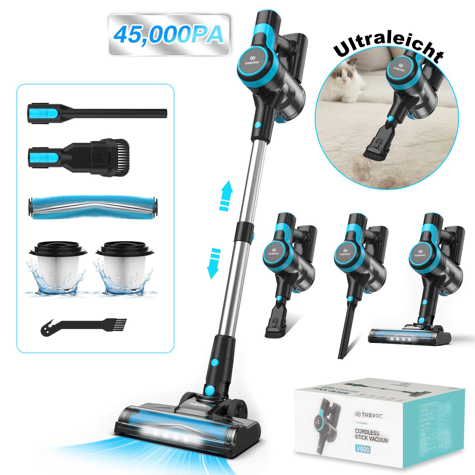 Grenintol Akku-Hand-und Stielstaubsauger kabellos Staubsauger mit hoher Saugkraft,Akku Staubsauger, 350 W, 6 in 1Staubsauger Hepa*2, Handstaubsauger mit Auto-Modus und ECO-Modus