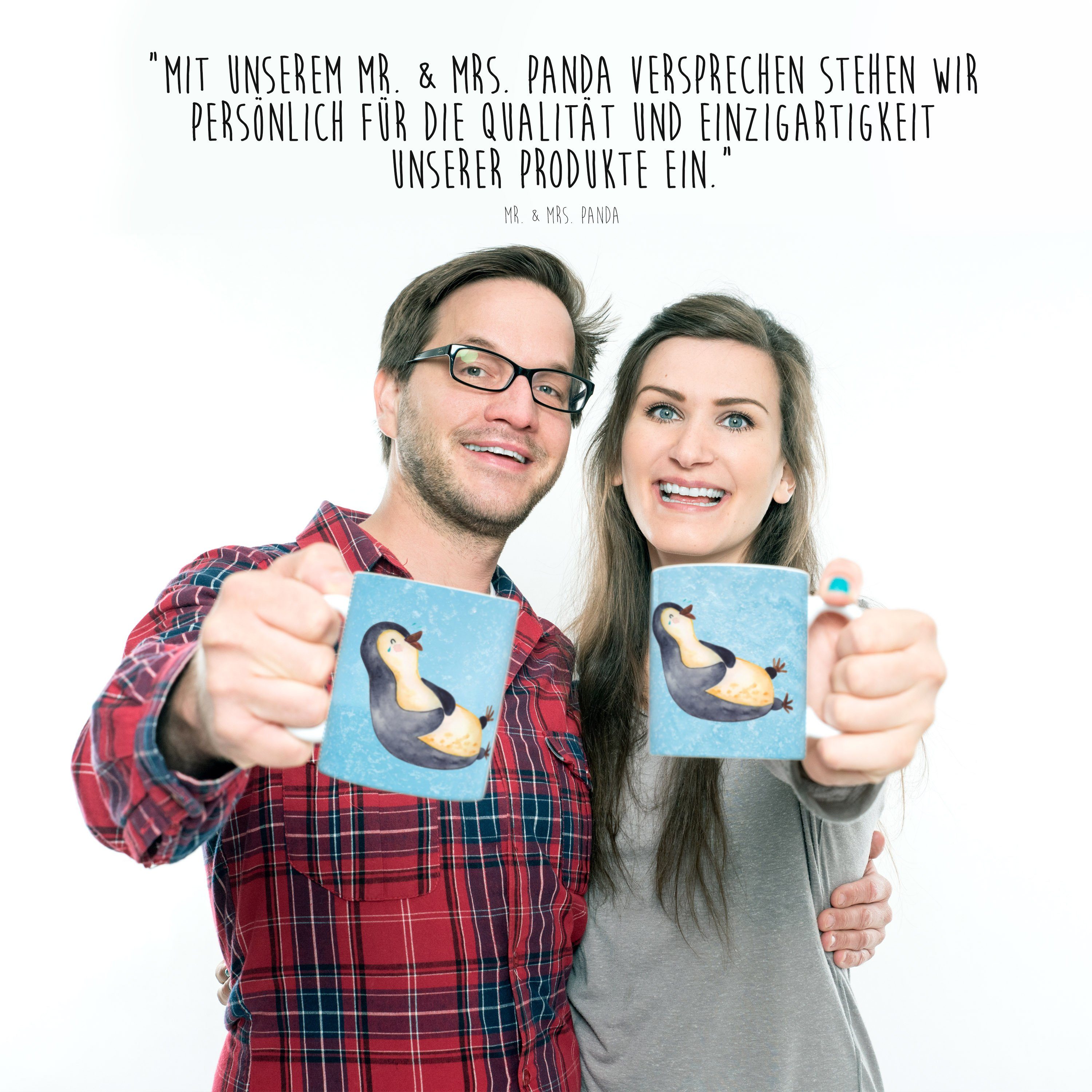 Mr. & Mrs. Panda Tasse Kaffeebecher, Pinguin Fröhlich, - Keramik Geschenk, - lachend Freude, Eisblau