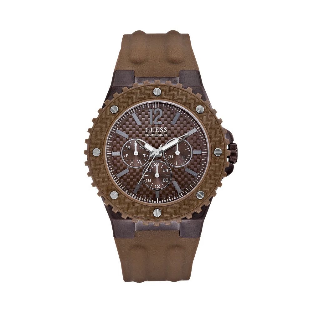 Guess Multifunktionsuhr Armbanduhr Edelstahl Silikonband Braun Schwarz Datum W11619G3