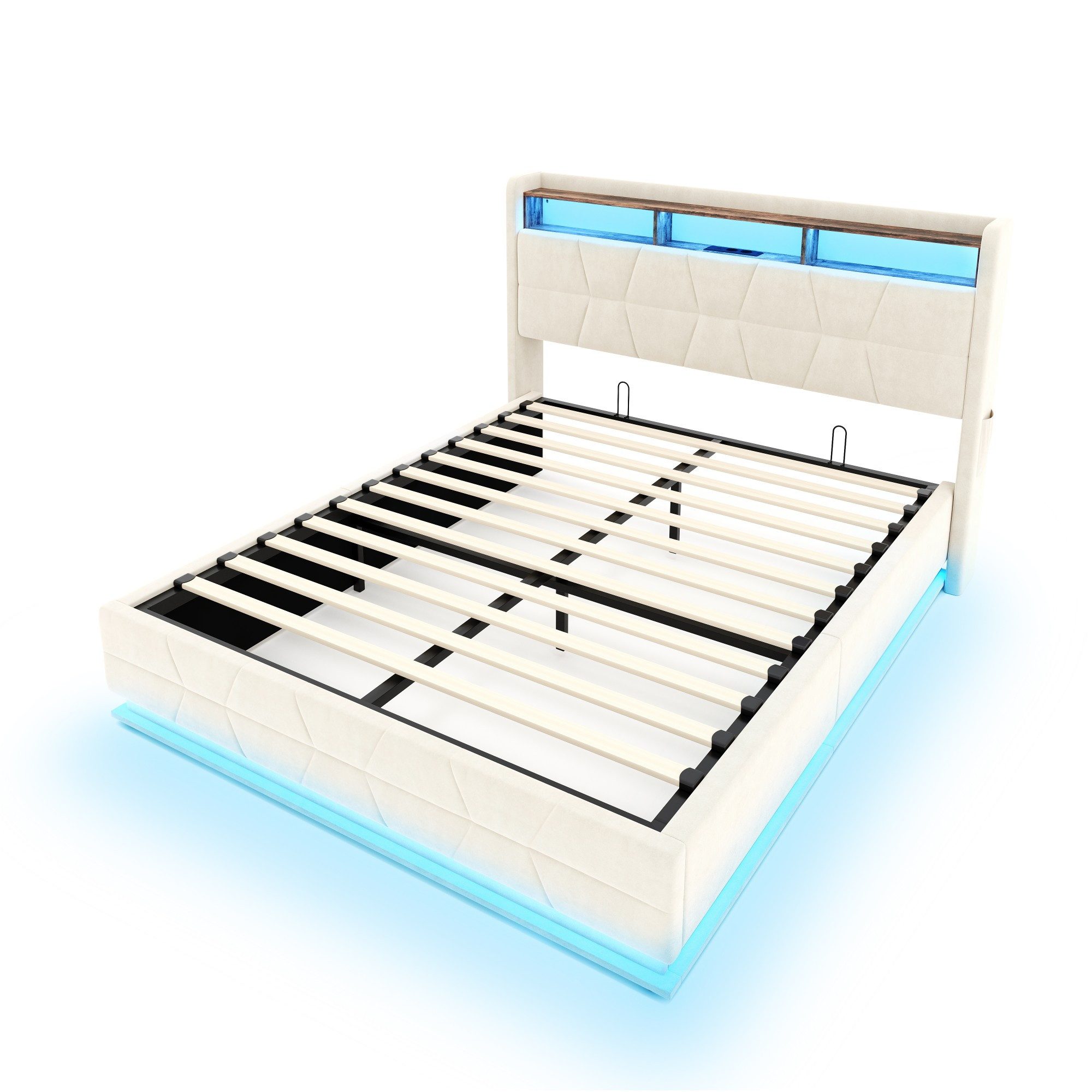 LVHOM Boxbett 140/160x200, 140x190cm, LED-Licht, multifunktionales Kopfteil, USB/-C (Samtstoff, hydraulisches Stausystem, offenes Kopfteil, Seitentaschen für die Fernbedienung, USB-/Typ-C-Ladeanschlüsse, Metallrahmen mit Holzlattenrost, 300 kg Belastbarkeit), Staubschutzhülle, geeignet für verschiedene Schlafzimmer