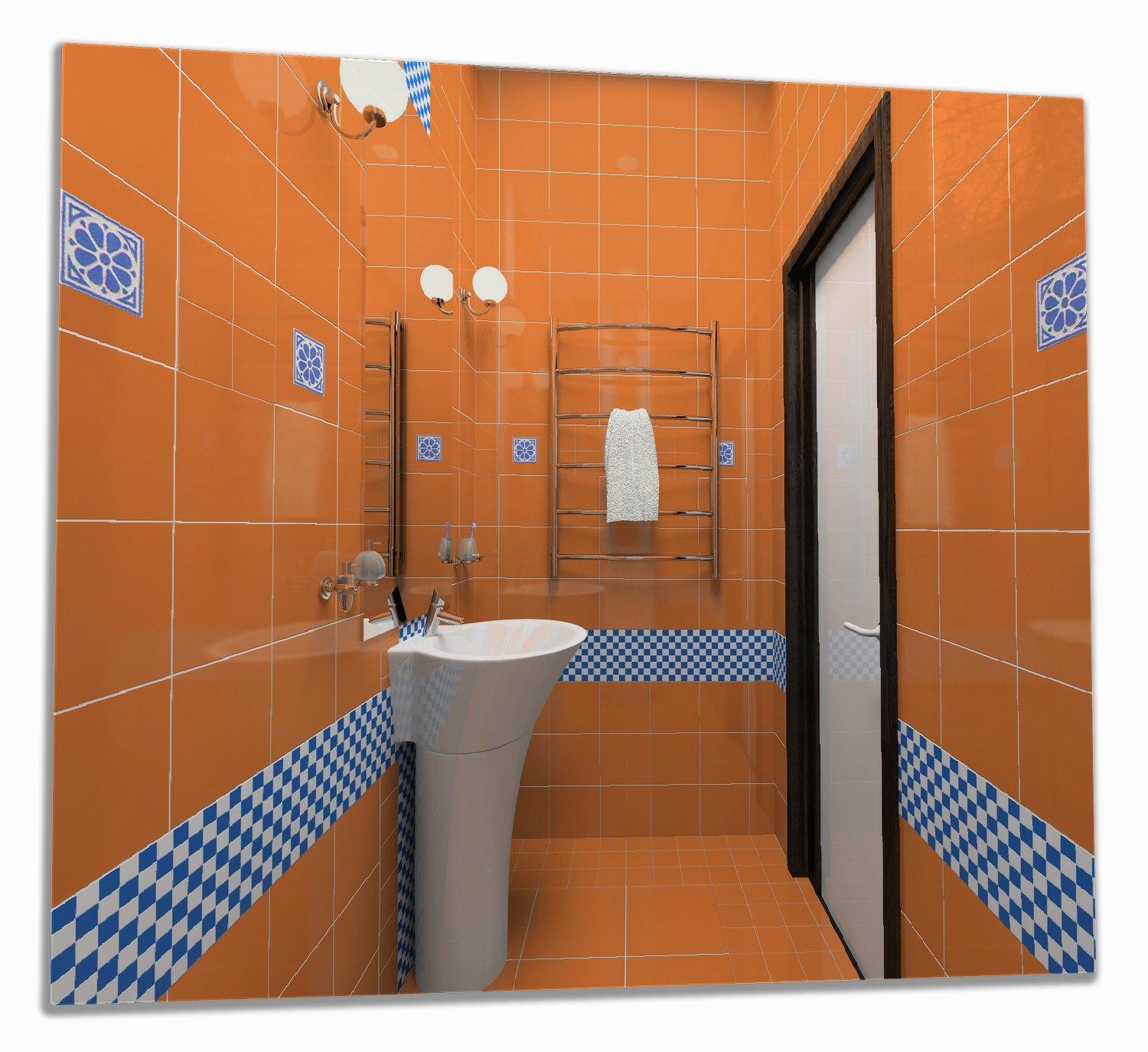 Wallario Herd-Abdeckplatte Modernes Badezimmer in orange mit blauen Fliesen, ESG-Sicherheitsglas, (Glasplatte, 1 tlg., inkl. 5mm Noppen), verschiedene Größen