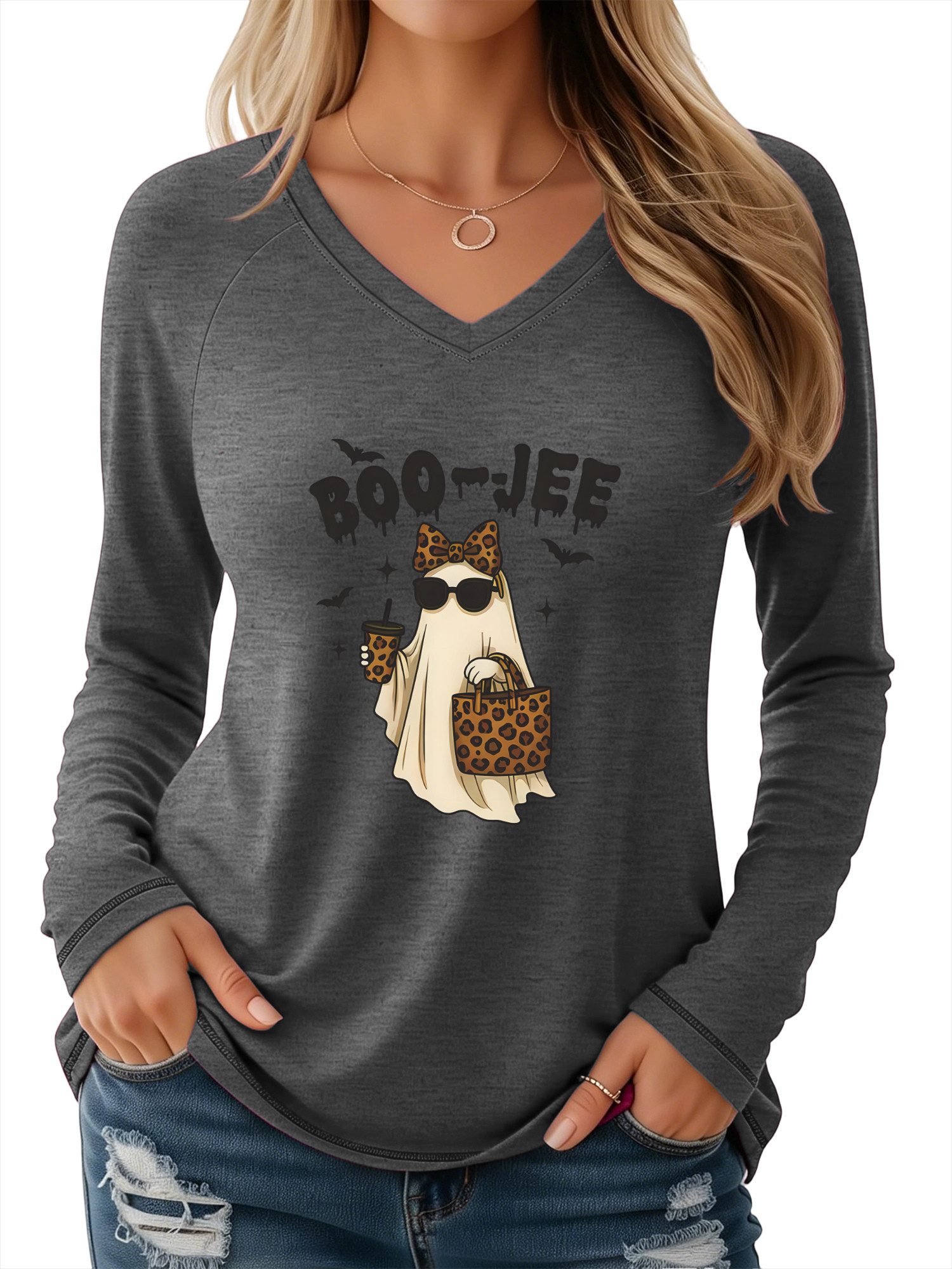 PYLIKE Longsleeve Damen Langarm mit Cartoon-Geist Druck bequemes V-Shirt Halloween Special Feiertag tragen