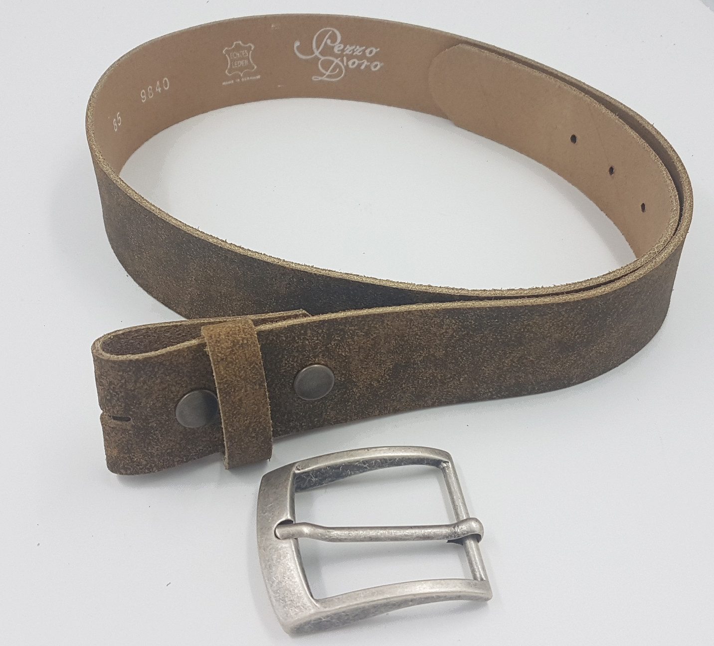 Pezzo D'oro Ledergürtel Vollrindleder Gürtel 4,0 cm olive/braun weiches Leder, Gürtelschnalle in Altsilber, Vintage
