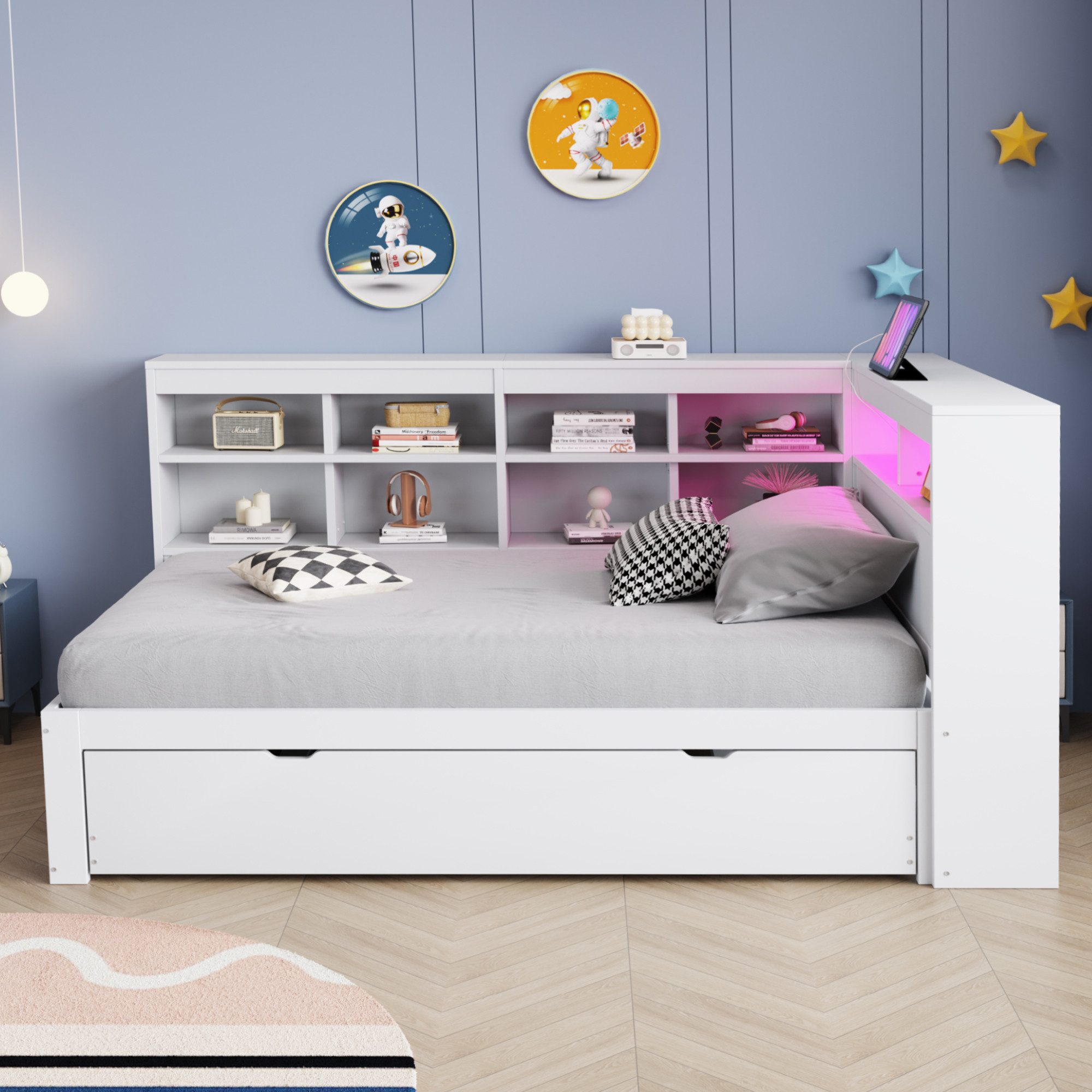 Odikalo Ausziehbett Daybett Schlafsofa USB LED Regal Ablagefächern Stauraum Weiß 90x200cm