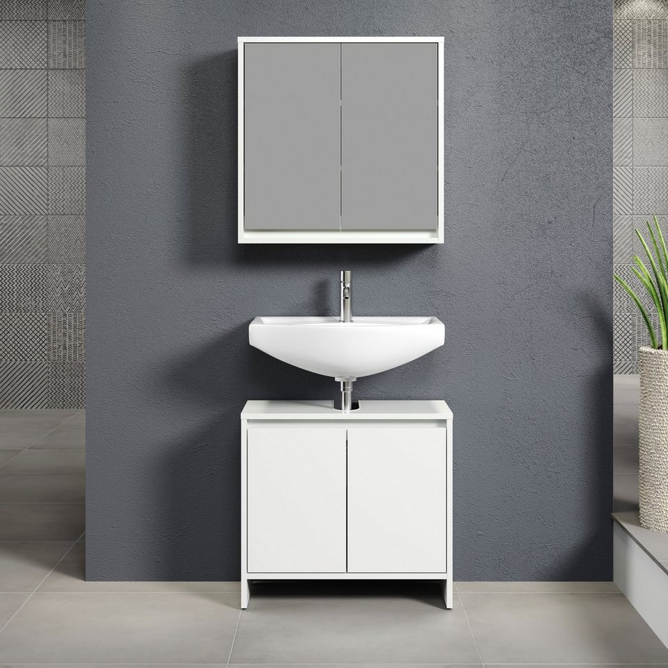 INOSIGN Badmöbel-Set Banta, (2-St), 2 Teile, Breite 60 cm, Tiefe 28 cm,  grifflos, weiß, matt, Im Set enthalten ist ein Waschbeckenunterschrank und  ein Spiegelschrank