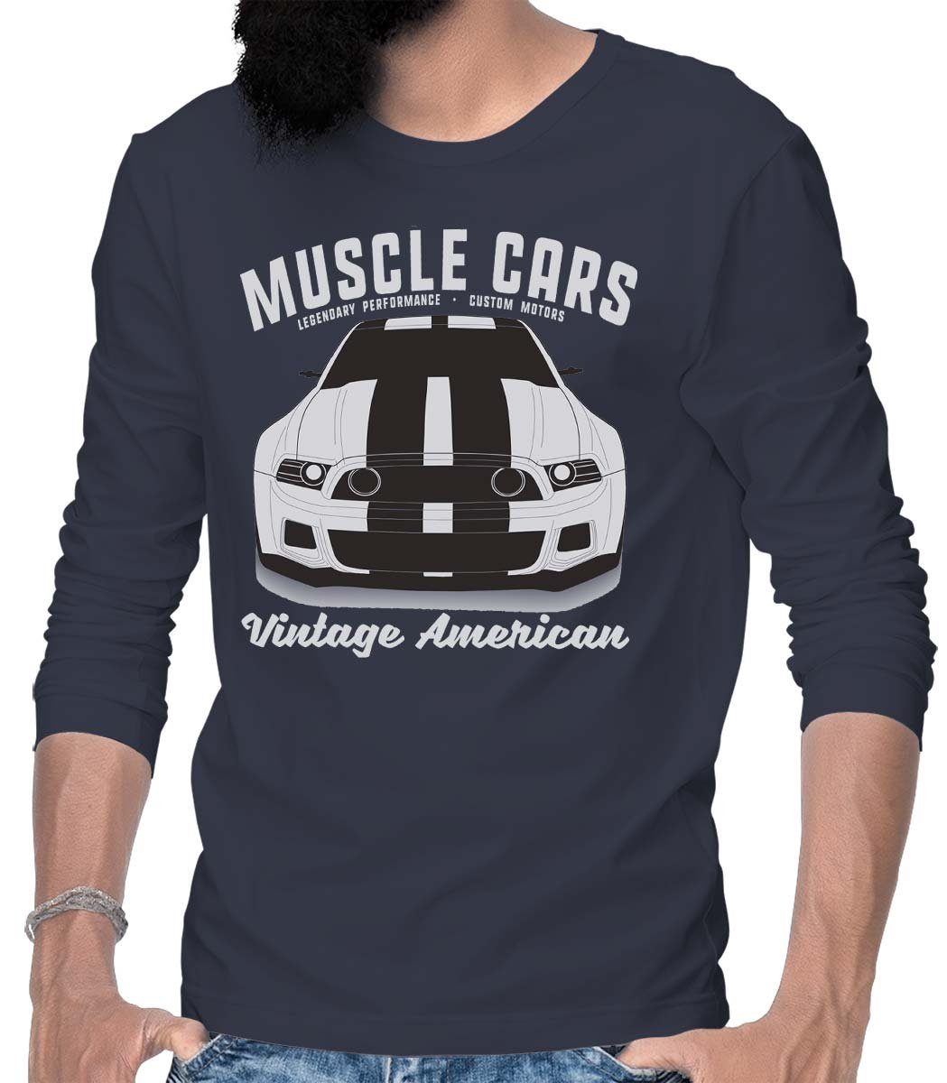 Rebel On Wheels Longsleeve Herren Langarm T-Shirt Us Car Front mit Auto / US-Car Motiv Blau | Rundhalsshirts