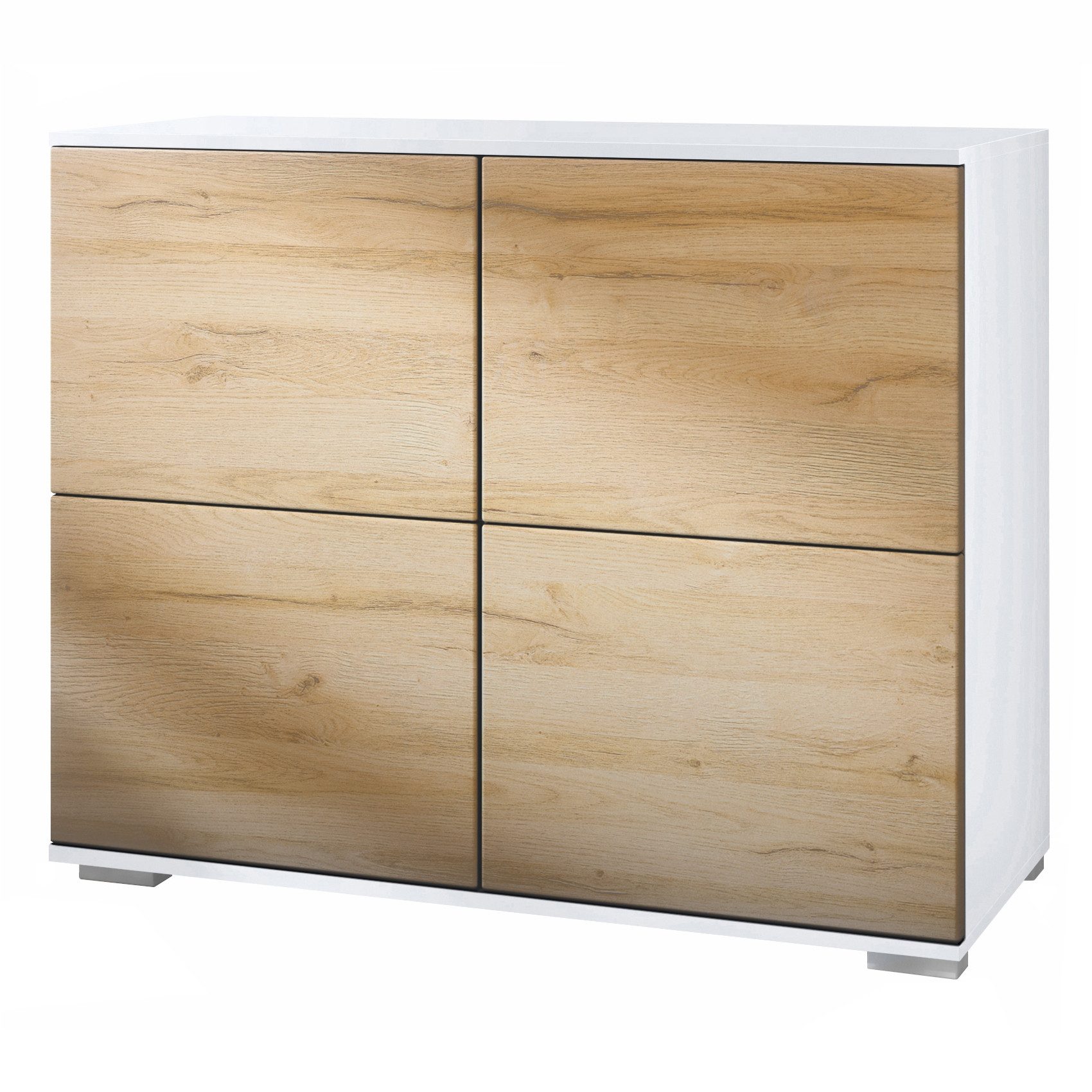Vladon Kommode Rova V3 (Moderner Küchenschrank, mit 4 Push-to-Open Türen), Weiß matt / Eiche Natur (92,5 x 75.5 x 35)