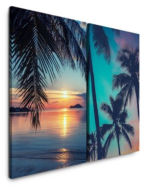 Sinus Art Leinwandbild 2 Bilder je 60x90cm Palmen Traumstrand Sonnenuntergang Paradies Karibik Entspannend Urlaub