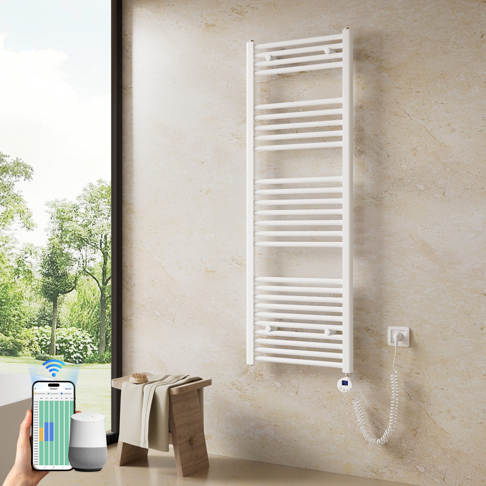 MEYKOERS Elektrischer Badheizkörper mit Smart WLAN Thermostat Heizstab, Höhe: 140 cm, Intelligente App/Sprachsteuerung, Weiß/Anthrazit