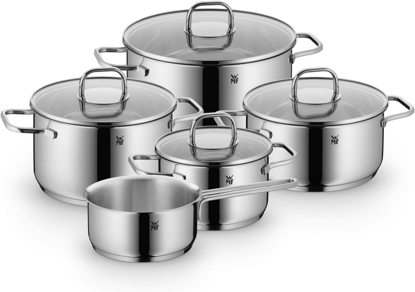 WMF Topf-Set Inspiration Induktion, Kochtopf Set mit Glasdeckel, Cromargan® Edelstahl Rostfrei 18/10 (Set, 9-tlg., Bratentopf Ø 20cm, 3x Fleischtopf Ø 16/20/24cm, Stielkasserolle Ø 16cm), für alle Herdarten geeignet, unbeschichtet
