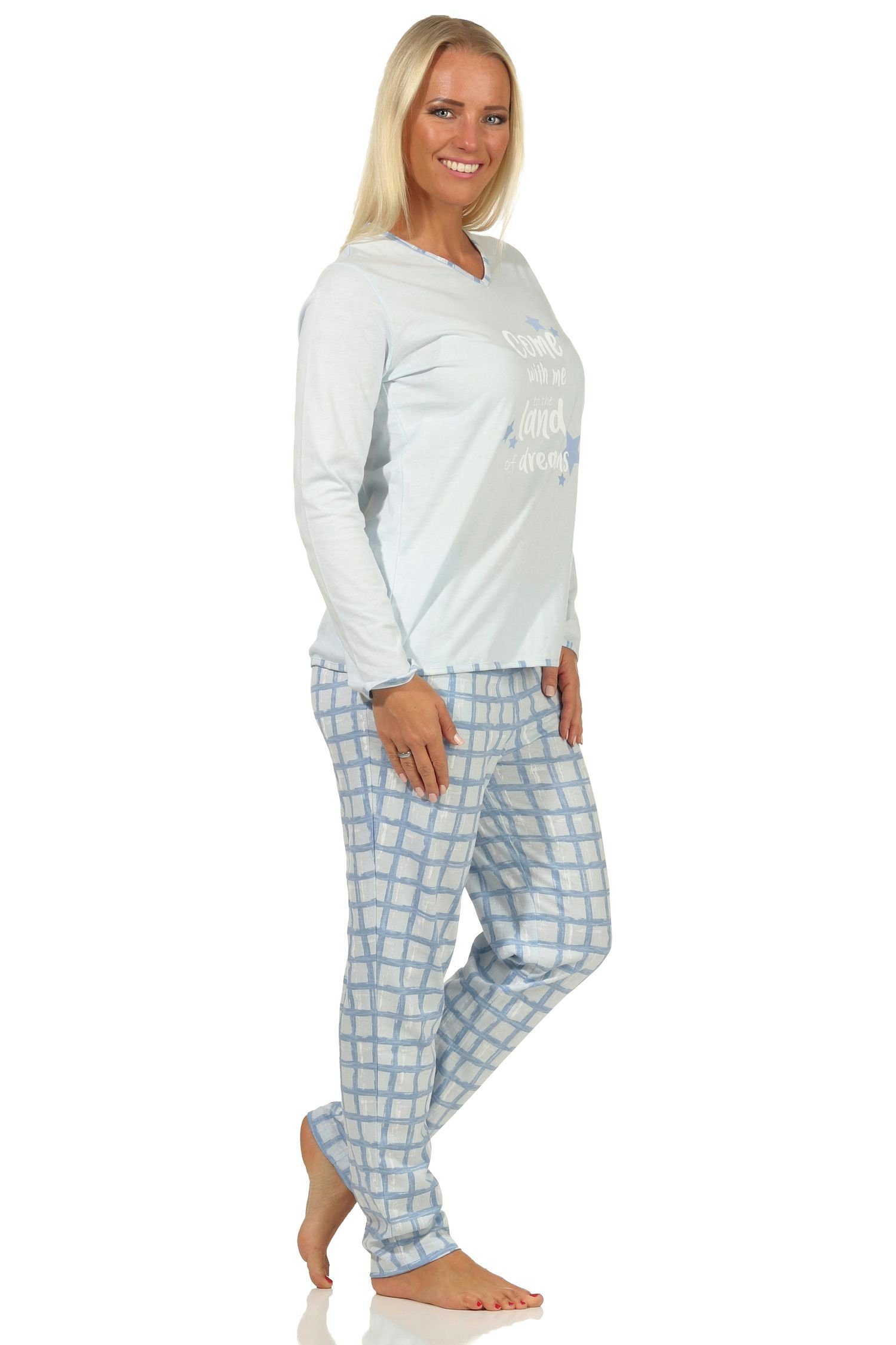 hellblau Schlafanzug in Normann karierter mit - Jersey Damen Übergrößen Pyjama Hose auch