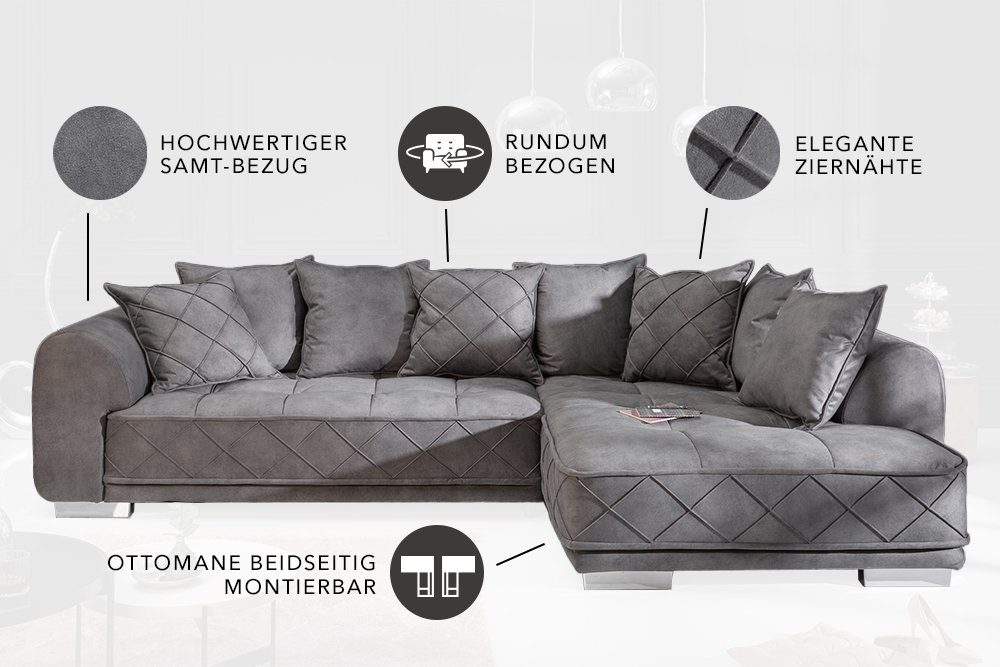 riess-ambiente Big-Sofa DECADENCIA 320cm silbergrau – Samt, XXL, 8 Kissen, variable Ottomane, Einzelartikel 1 Teile, edle Eckcouch mit Federung & Rundum-Bezug – – Bild 4 von 5