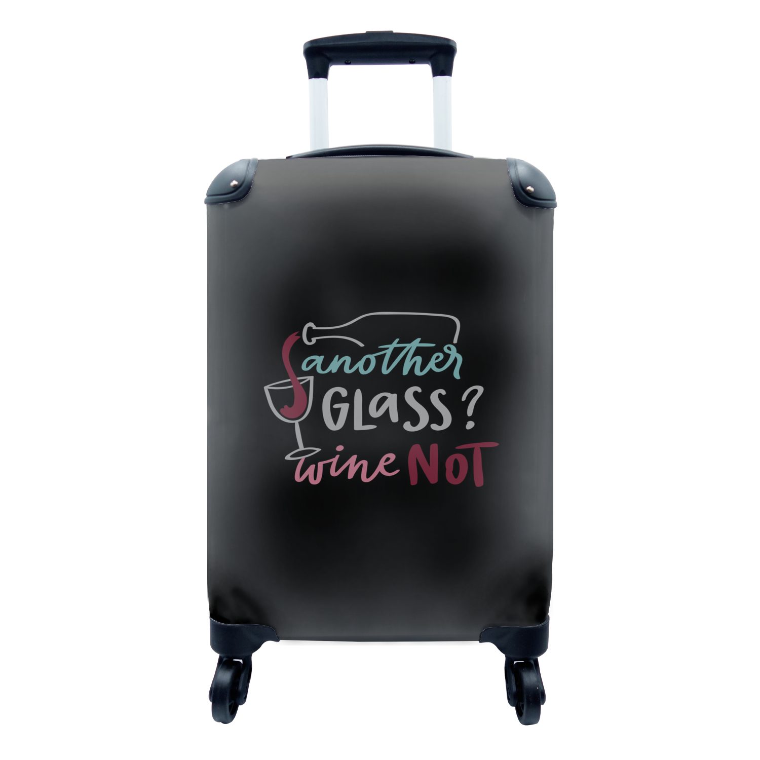 MuchoWow Handgepäckkoffer Zitat "Noch ein Glas? Wein nicht" vor einem schwarzen Hintergrund, 4 Rollen, Reisetasche mit rollen, Handgepäck für Ferien, Trolley, Reisekoffer