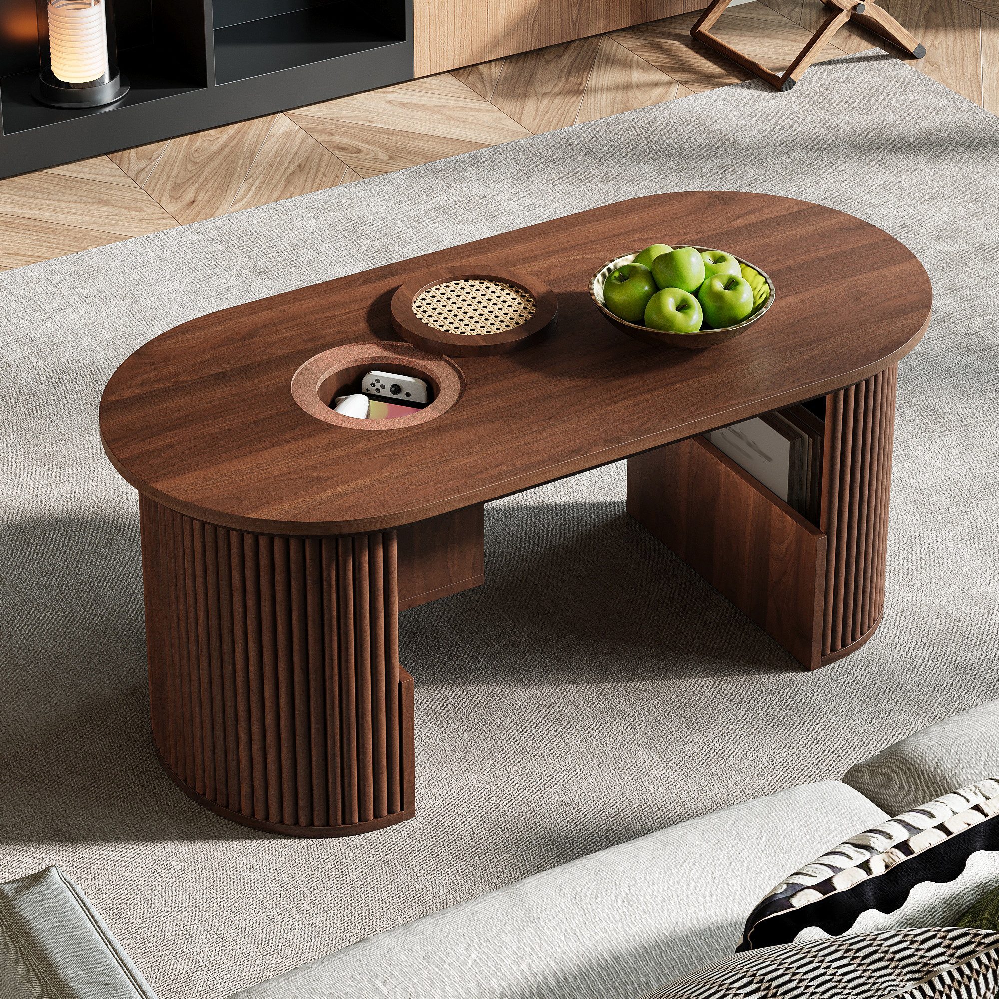 STILVORA Couchtisch mit integrierte Ablagefächer und Ablagefläche Sofatisch im Retro-Stil (Kaffeetisch im Retro-Stil mit vertikaler Textur, Ovale Form mit vertikaler Maserung), Abgerundete Ecken verhindern Stöße