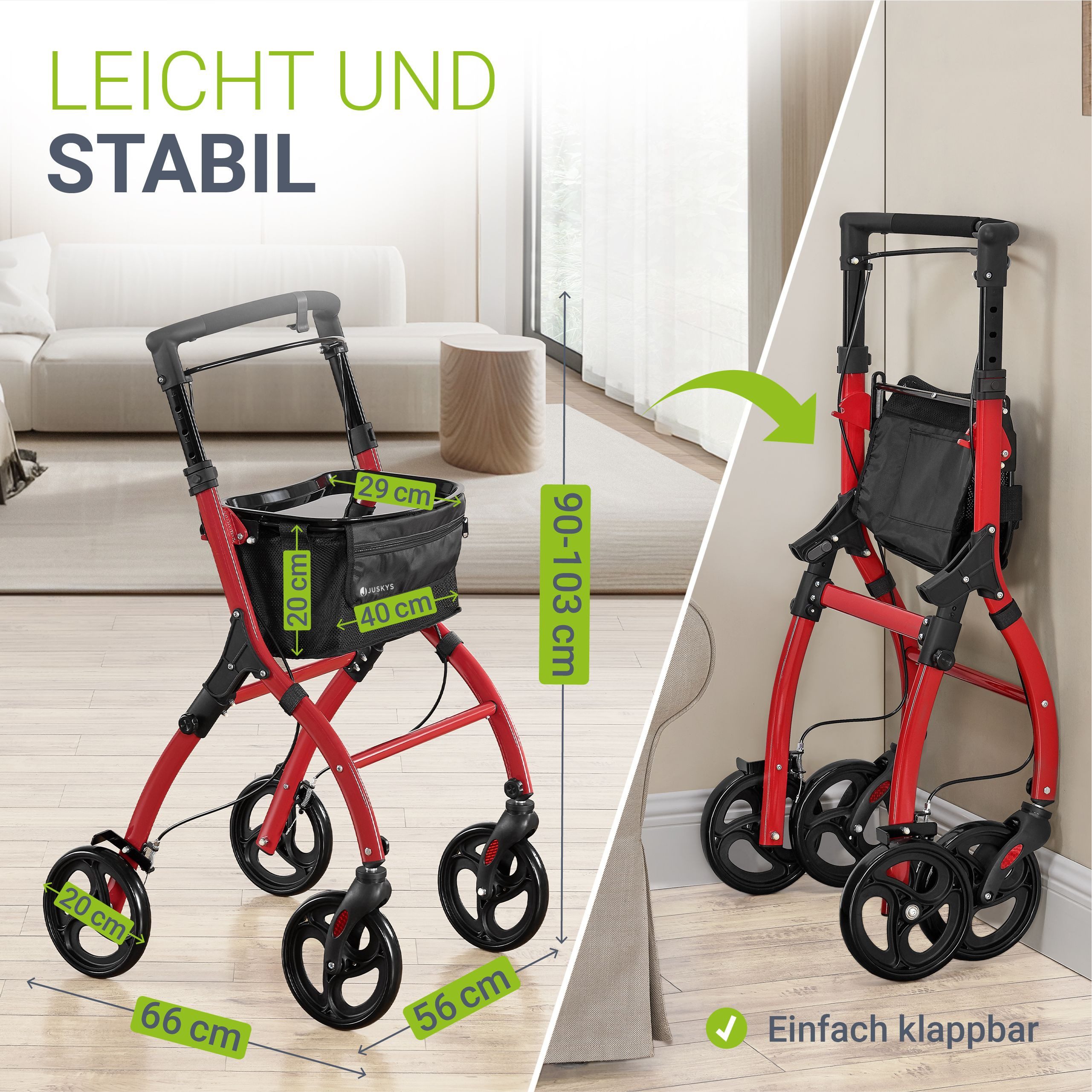 Juskys Indoor-Rollator Aktiv, für die Wohnung, mit Tasche & Tablett, schmal, verstellbar & faltbar