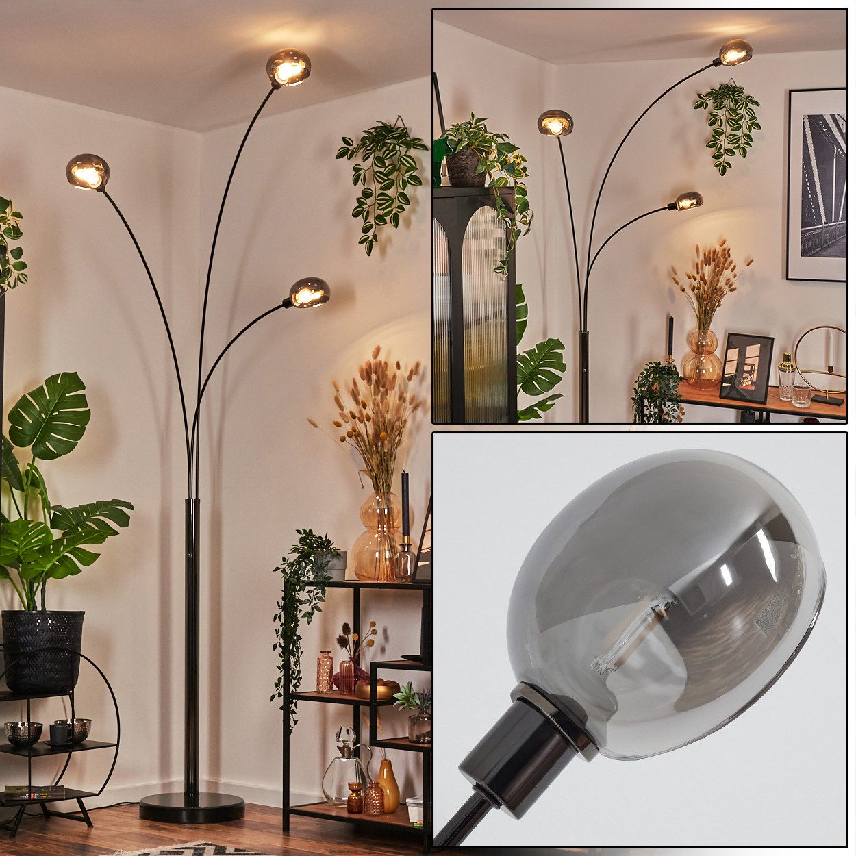 Stehlampe Stehlampe aus Metall in Schwarz/Chrom/Rauch im Retro-Design