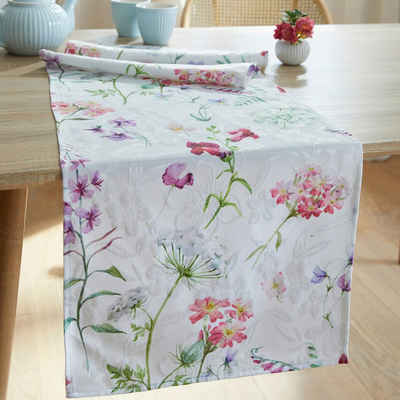 Home-trends24.de Tischläufer Tischläufer Blumen Blüten Tischdecke Tischdeko Bunt Weiß 40 x 140