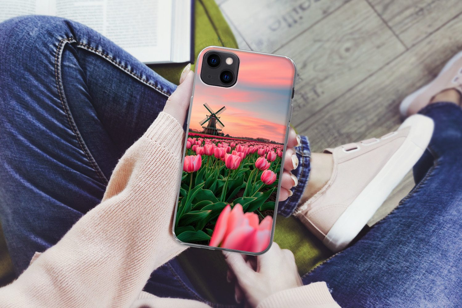 MuchoWow Handyhülle für Apple iPhone 13 mini Tulpen - Mühle - Niederlande, Smartphone-Bumper, Print, Handy Schutzhülle Dünn