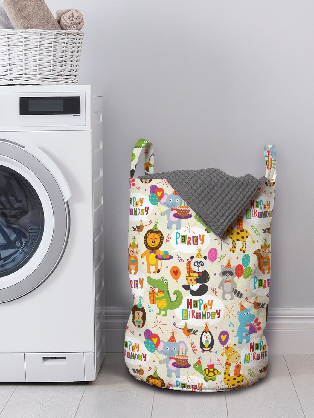 Wäschekorb mit Glückliche Waschsalons, Fun für Kordelzugverschluss Geburtstagsfeier Griffen Tiere Abakuhaus Wäschesäckchen