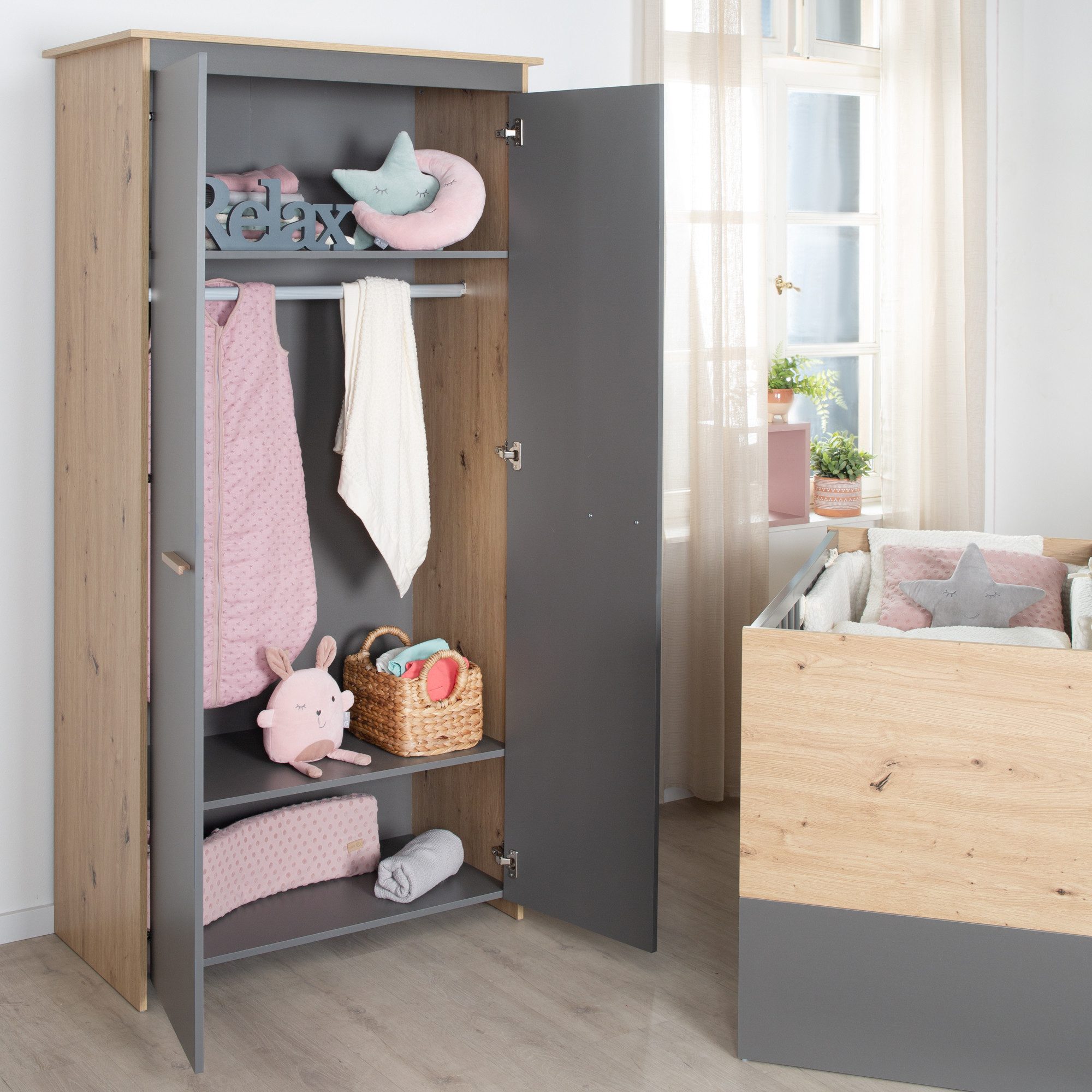 roba® Kinderkleiderschrank Anna 2-türig - aus Holz - in Anthrazit mit Dekor Kent Eiche schmaler Kleiderschrank in zweifarbigen Design - moderne Optik