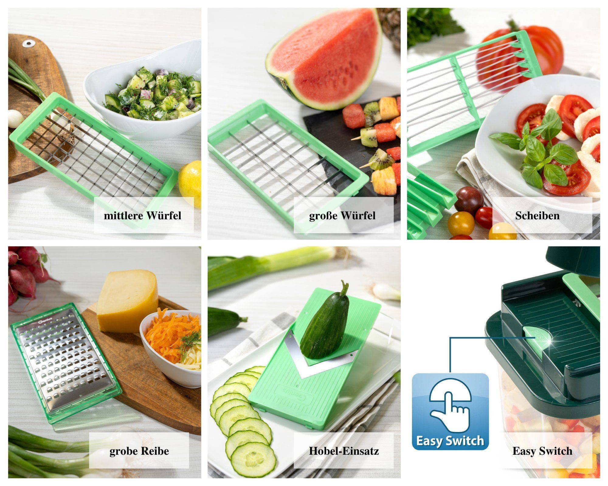 Genius Gemüseschneider Genius Nicer Dicer Exclusive Gemüseschneider 15tlg, 4 Einsätze + Reibe grob & Hobel + Behälter 2500ml