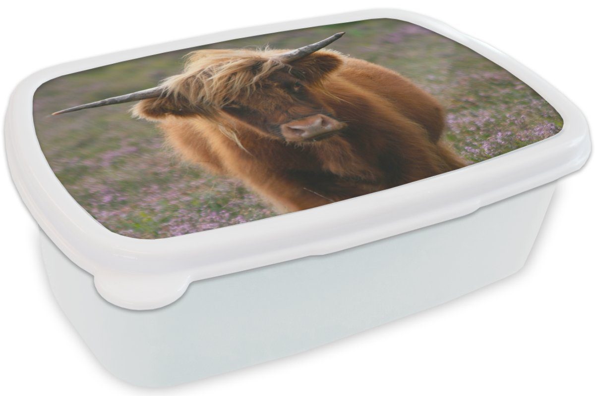 Lunchbox - Erwachsene, (2-tlg), Schottische Mädchen Kinder Hochlandbewohner Heidelandschaft Kunststoff, MuchoWow - und Jungs für Tiere, für und Brotdose, weiß Brotbox