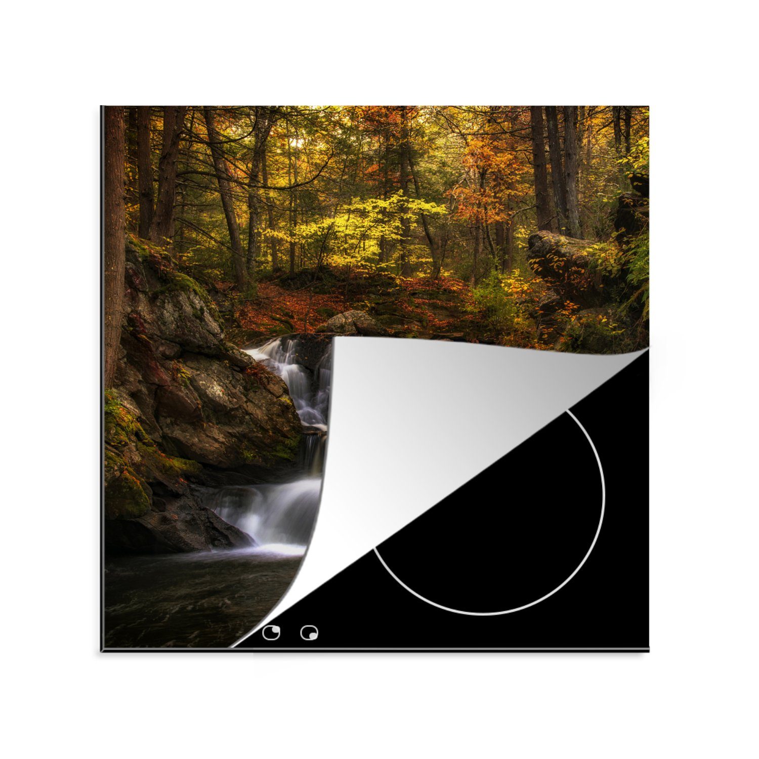 MuchoWow Herdblende-/Abdeckplatte Connecticut - Wasserfall - Wald, Vinyl, (1 tlg), 78x78 cm, Ceranfeldabdeckung, Arbeitsplatte für küche