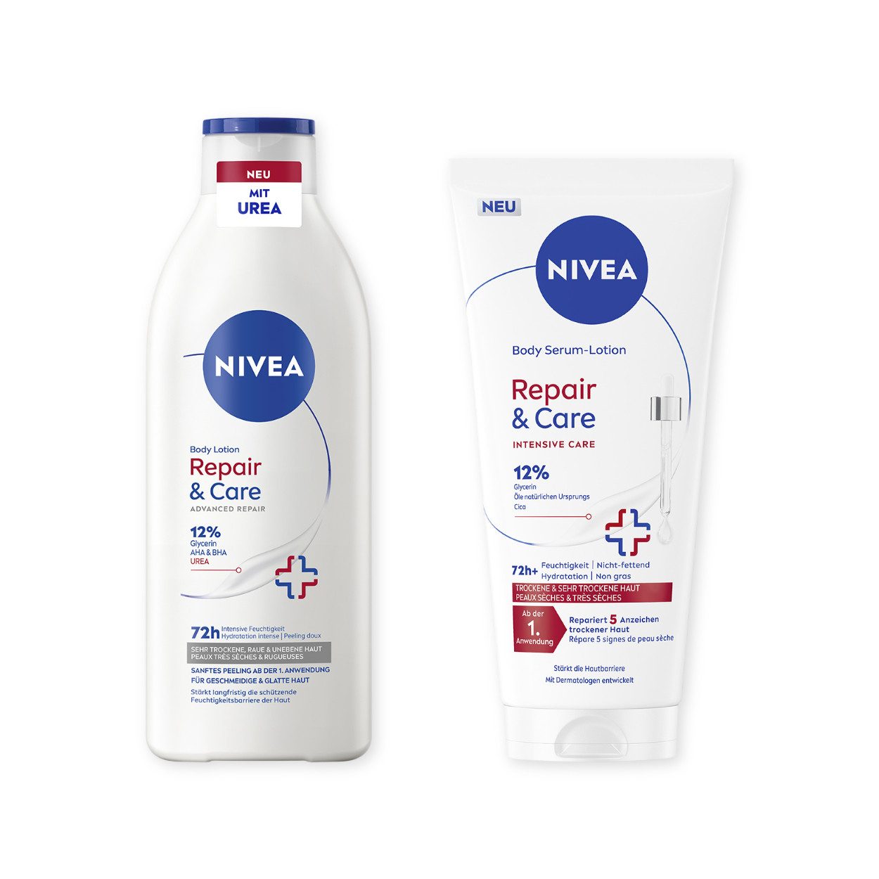 Nivea Feuchtigkeitspflege-Set Repair & Care Urea Body Lotion 400ml + Serum-Lotion 200ml, 2-tlg.
