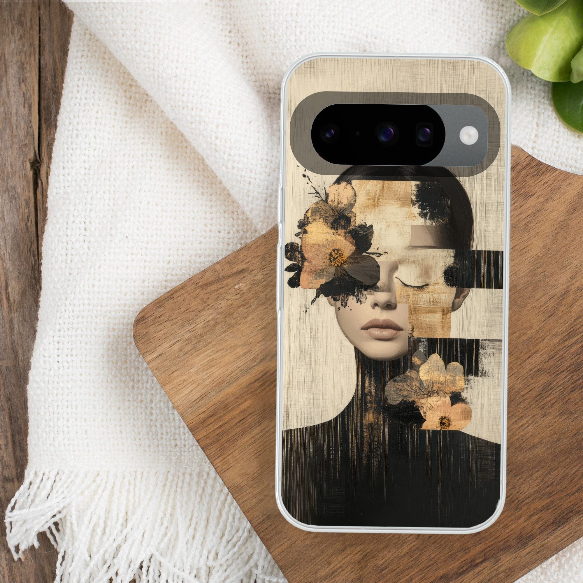 MuchoWow Handyhülle für Google Pixel 10 Pro Gesicht - Blumen - Schwarz - Frau, Handy Case, Silikon, Bumper Case Dünn