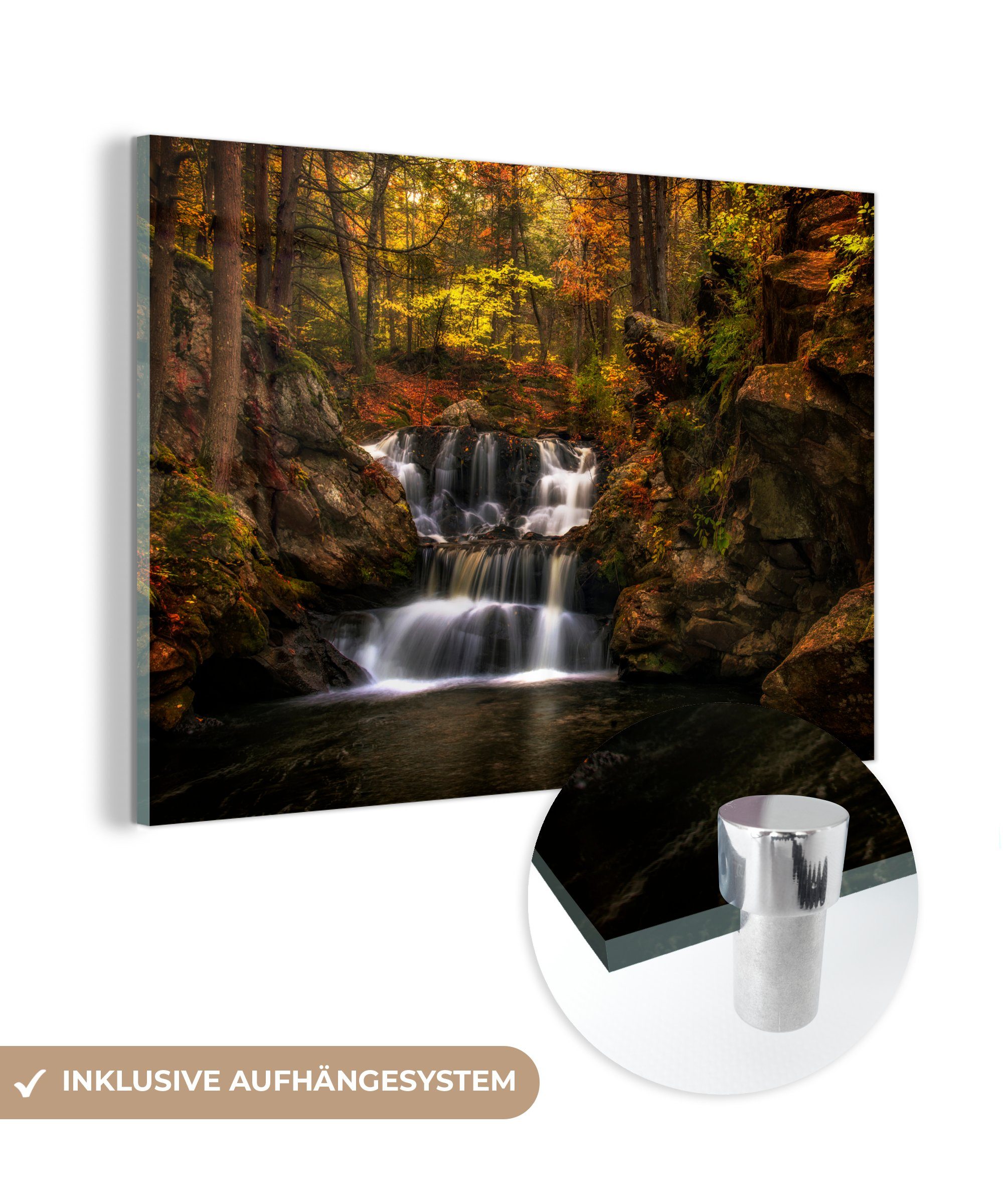MuchoWow Acrylglasbild Wasserfall in einem Wald in Connecticut, (1 St), Acrylglasbilder Wohnzimmer & Schlafzimmer