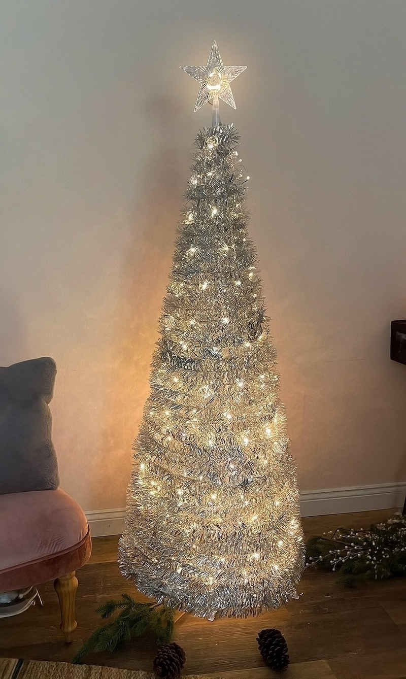 Spetebo Künstlicher Weihnachtsbaum Spiral Weihnachtsbaum 150 cm mit 120 LED - silber, Kunst Tannenbaum mit Stern Spitze für Außen und Innen