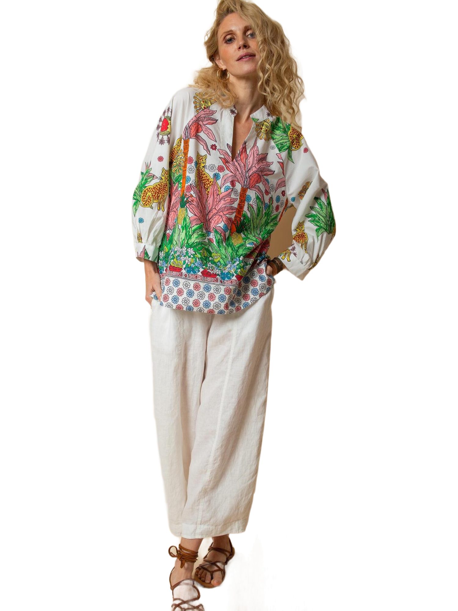 Emily Van Den Bergh Blusenshirt bunt,Casual,Baumwolle,Allover-Print,V-Ausschnitt,7/8 Arm,Casual Fit