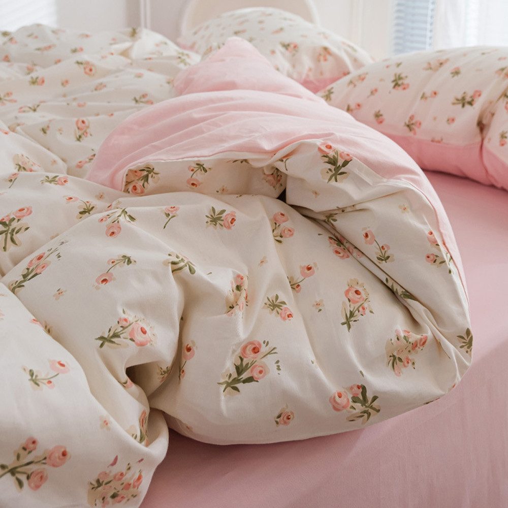 Agger Bettwäsche Wendebettwäsche Set Pink Weiß Blumen & Blätter – Aesthetic, 4 teilig, mit Reißverschluss, weiche moderne Bettbezug Garnitur für Schlafzimmer – Bild 3 von 5