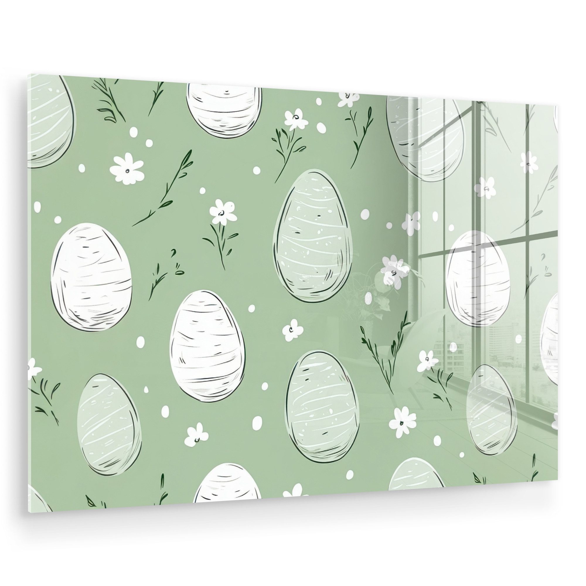MuchoWow Acrylglasbild Grün - Eier - Muster, Inkl. Aufhängung, Glasbilder Wohnzimmer & Schlafzimmer XXL, 120x80 cm