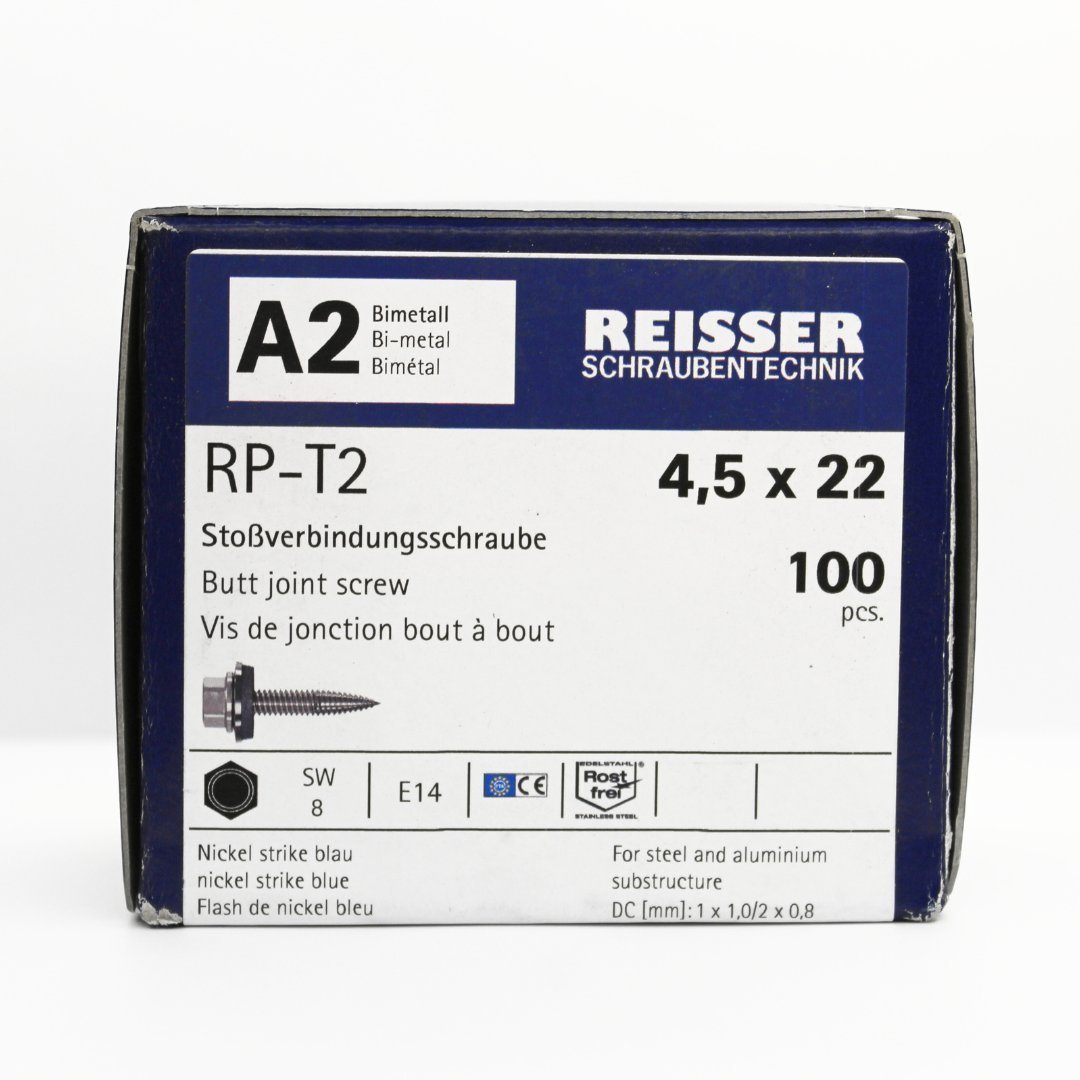 REISSER-Schraubentechnik GmbH Blechschraube Stoßverbindungsschraube 4,5x22 mm, blank, RAL 7016 oder RAL 8012, V2A, 100 Stück, E14 Dichtung, Edelstahl A2/EPDM, Antrieb SW8, Bimetall