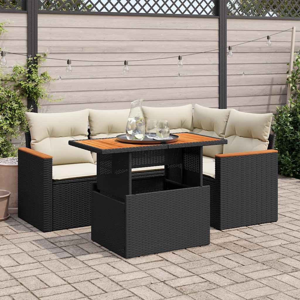 vidaXL Gartenlounge-Set 5tlg. Garten-Sofagarnitur mit Kissen Schwarz Poly Rattan, (1-tlg)